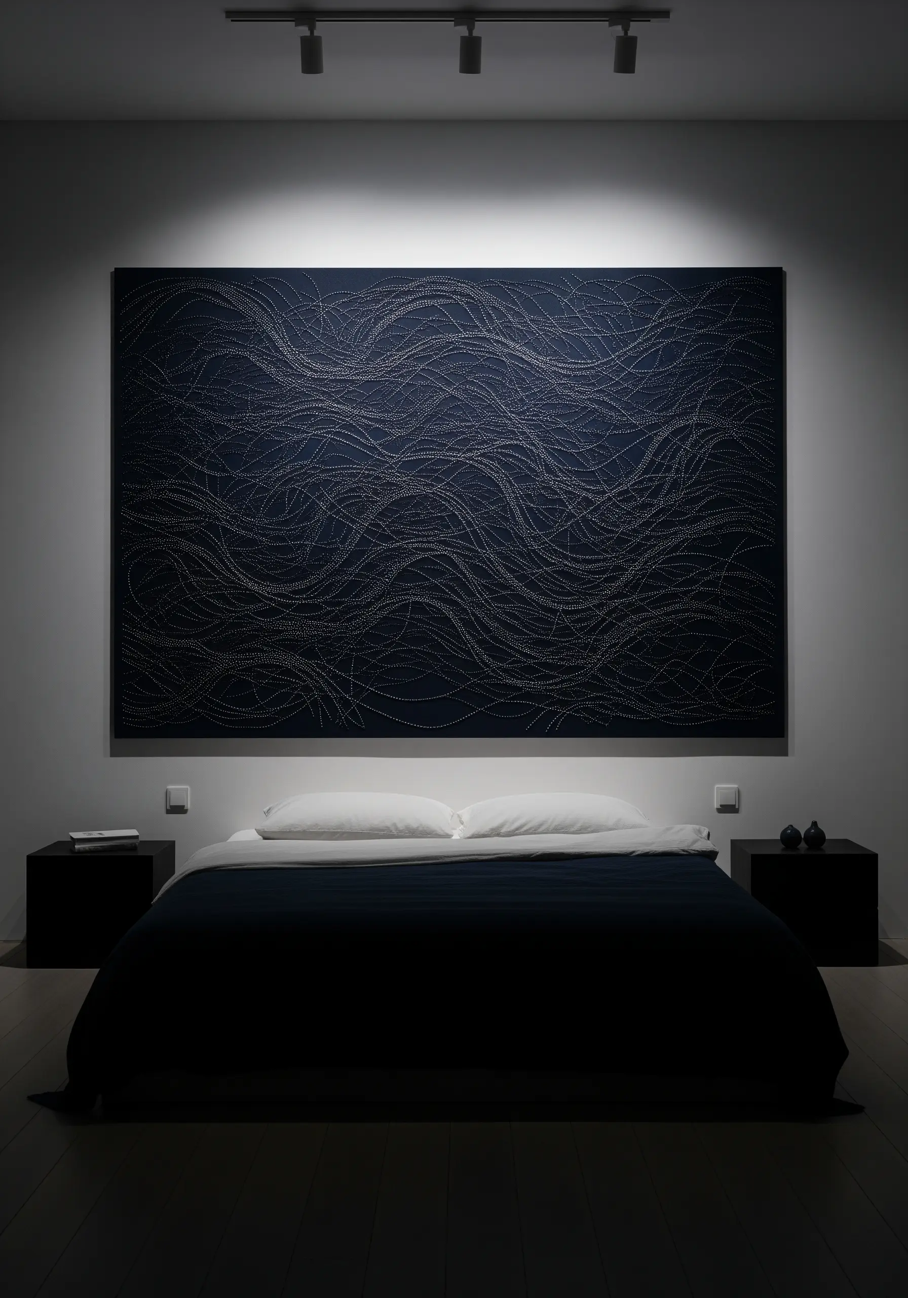 Large-scale abstract embroidery of white wavy lines on a dark canvas, hung above a bed.