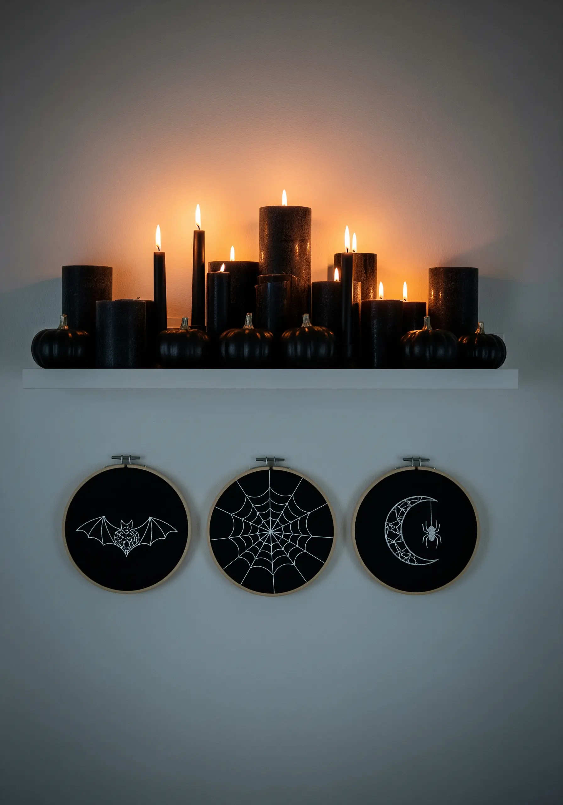 Three black embroidery hoops with white thread designs: a bat, a spiderweb, and a spider on a moon.