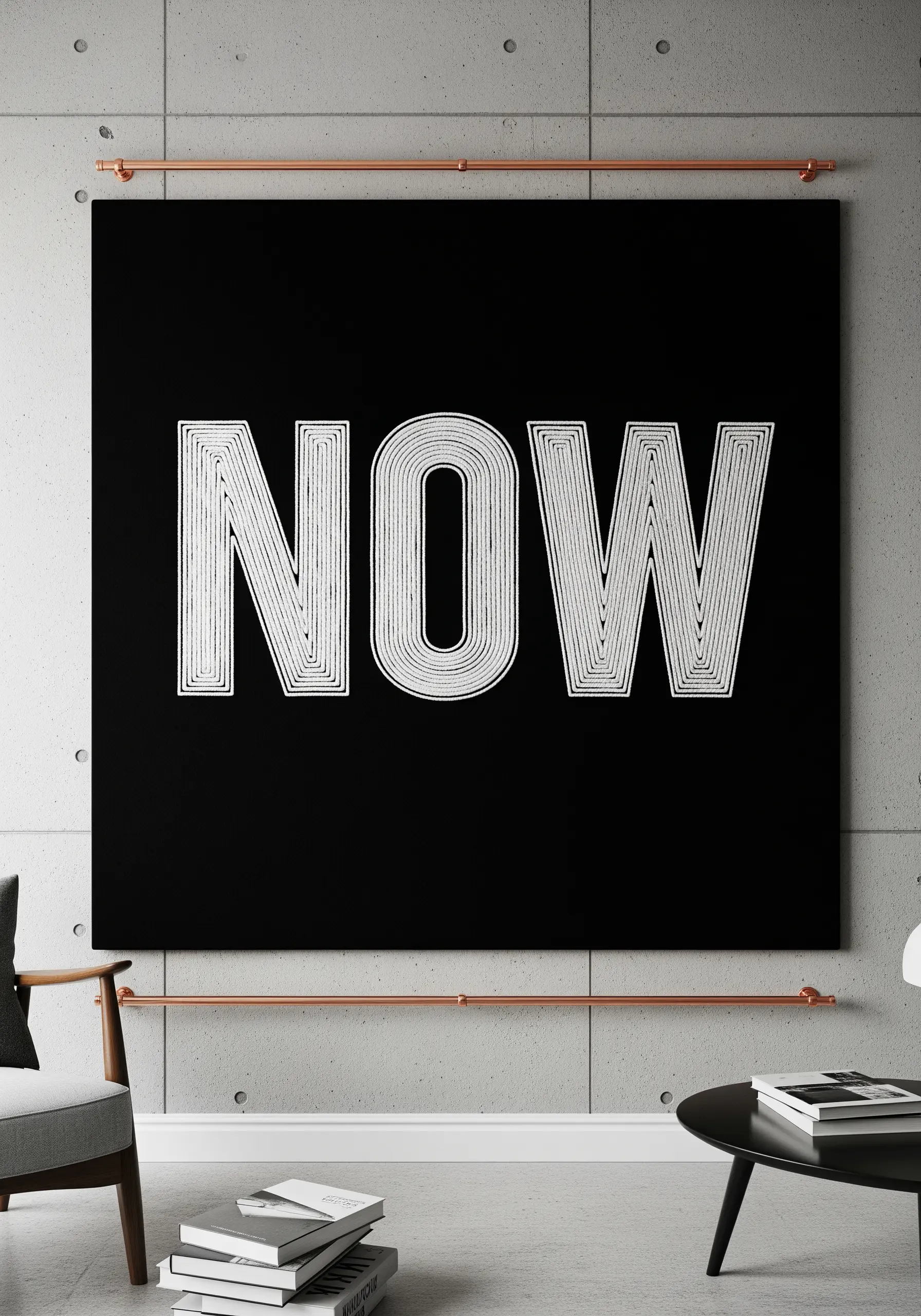 The word 'NOW' embroidered with concentric white outlines on a large black canvas.