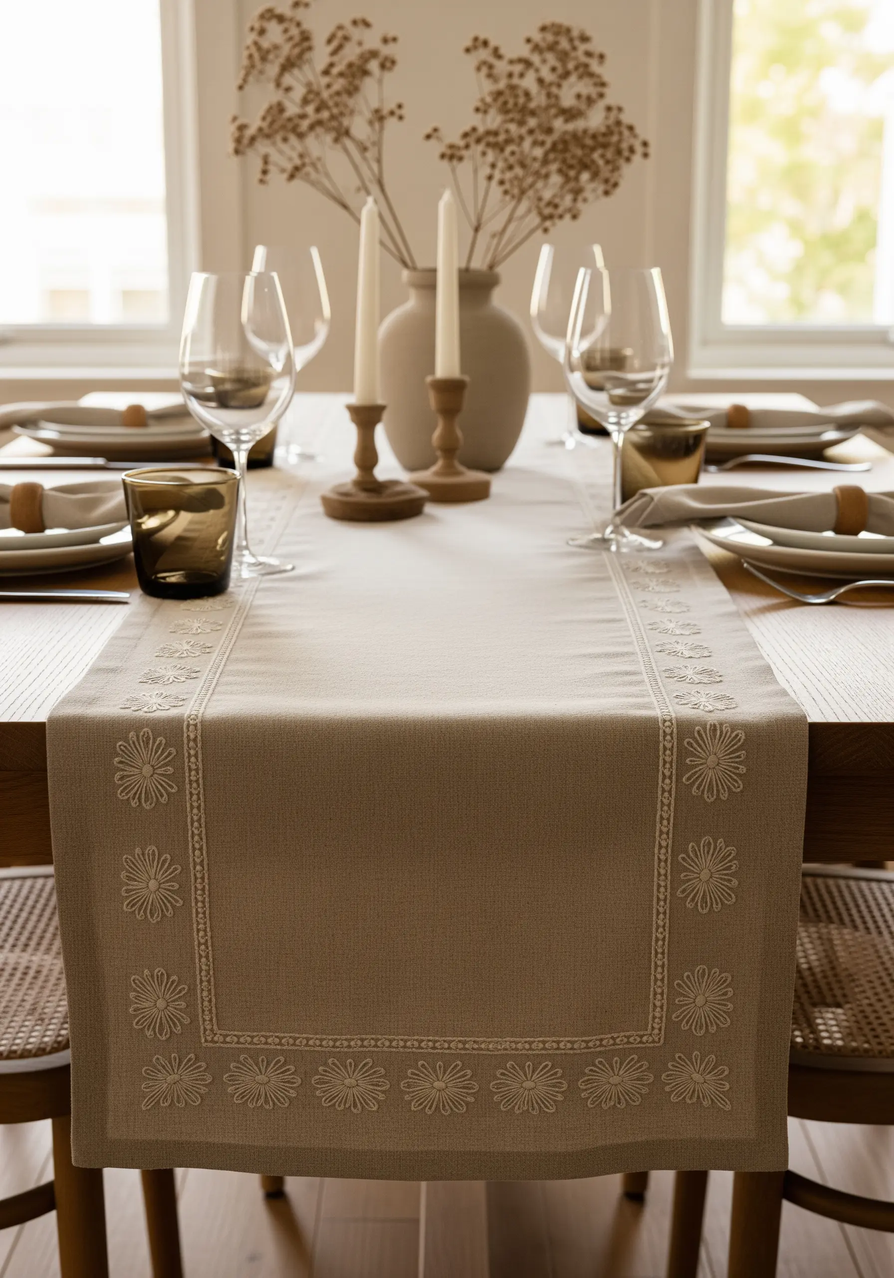 Tone-on-tone daisy chain border embroidered on a beige linen table runner.
