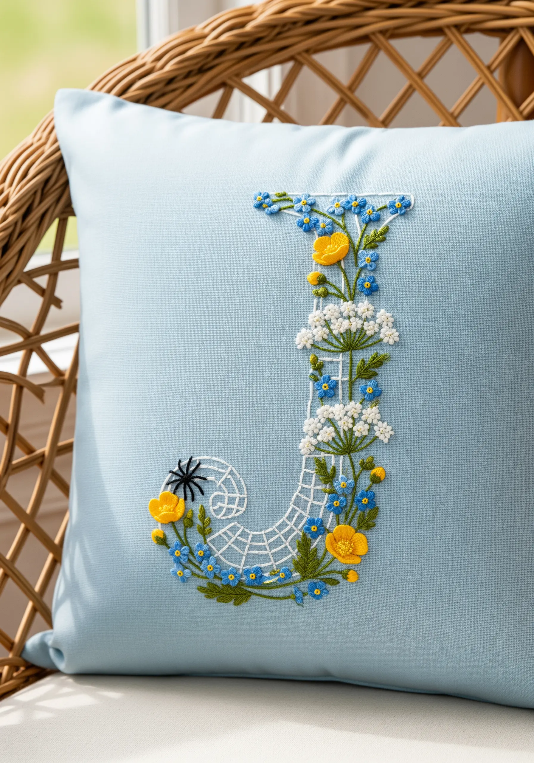 Embroidered letter J on a blue pillow, made with yellow, blue, and white flowers and a web detail.