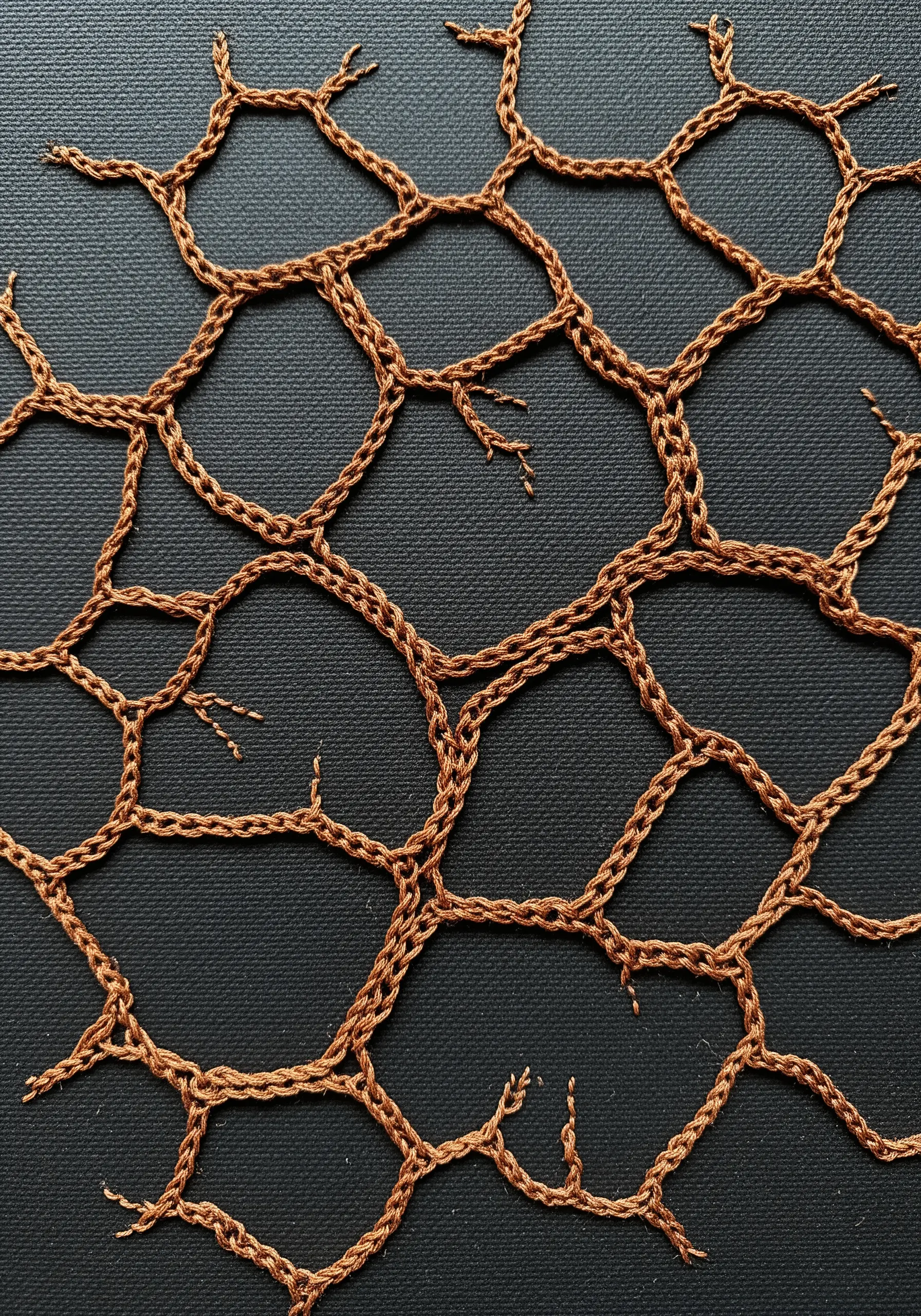An organic, net-like pattern created with interconnected chain stitches in copper thread.