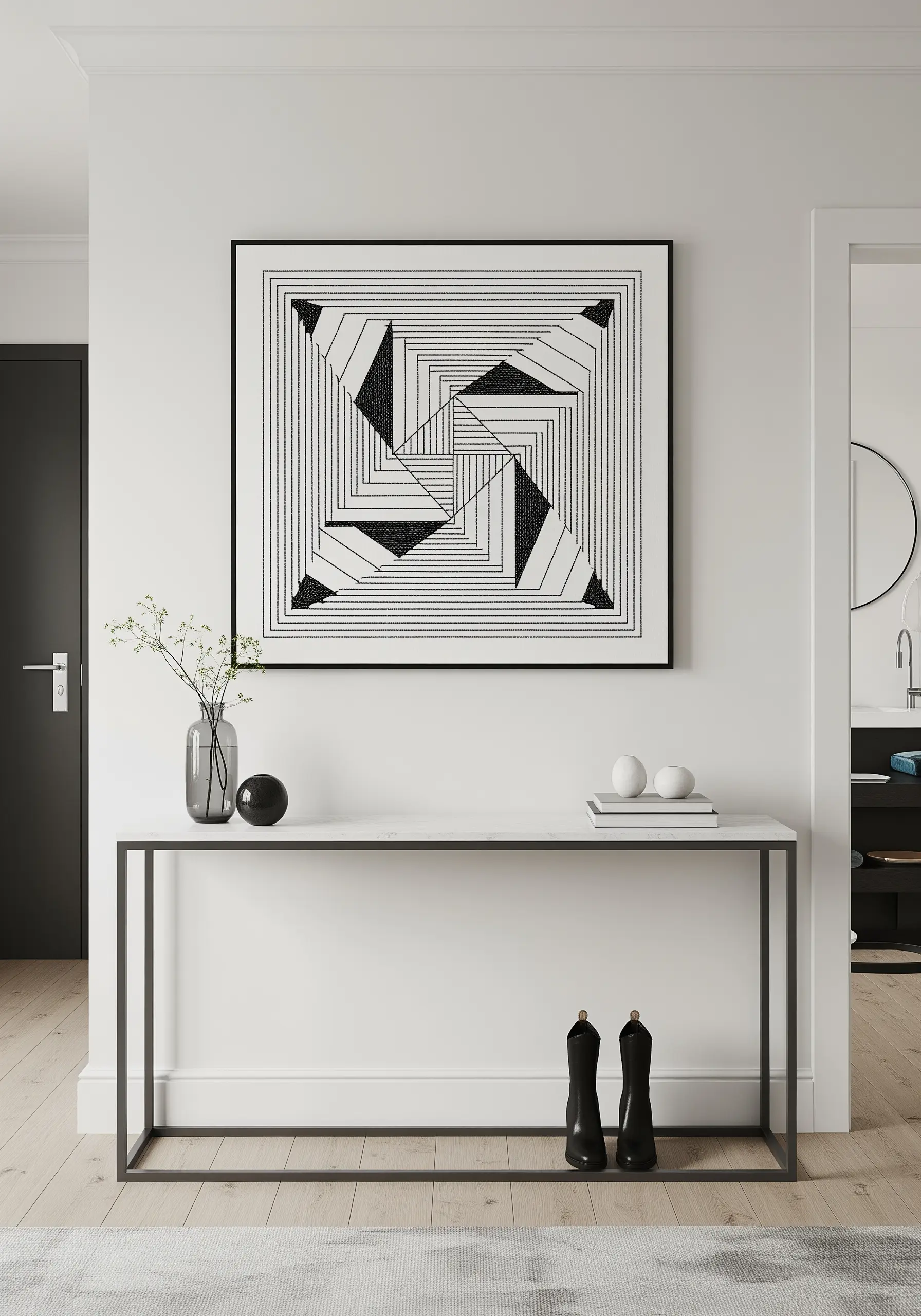 A black-and-white geometric optical illusion pattern with sharp, precise embroidered lines.