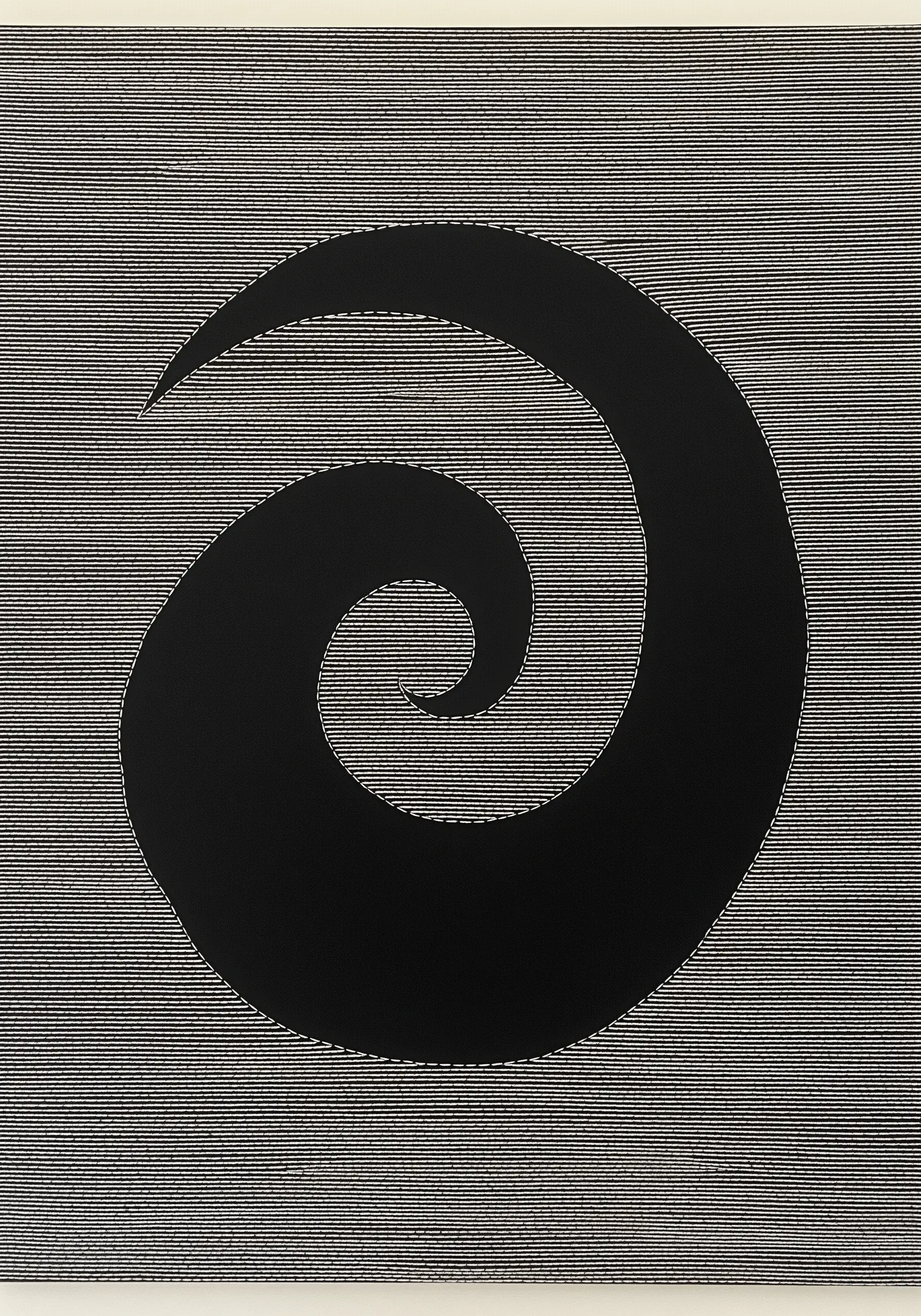 A black spiral shape created by the negative space between fine parallel white stitches.