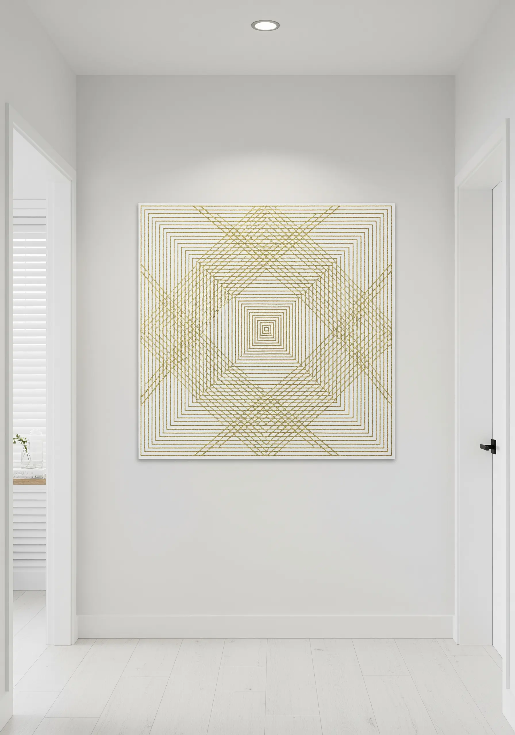 An optical illusion created with overlapping straight stitches of gold thread forming squares.