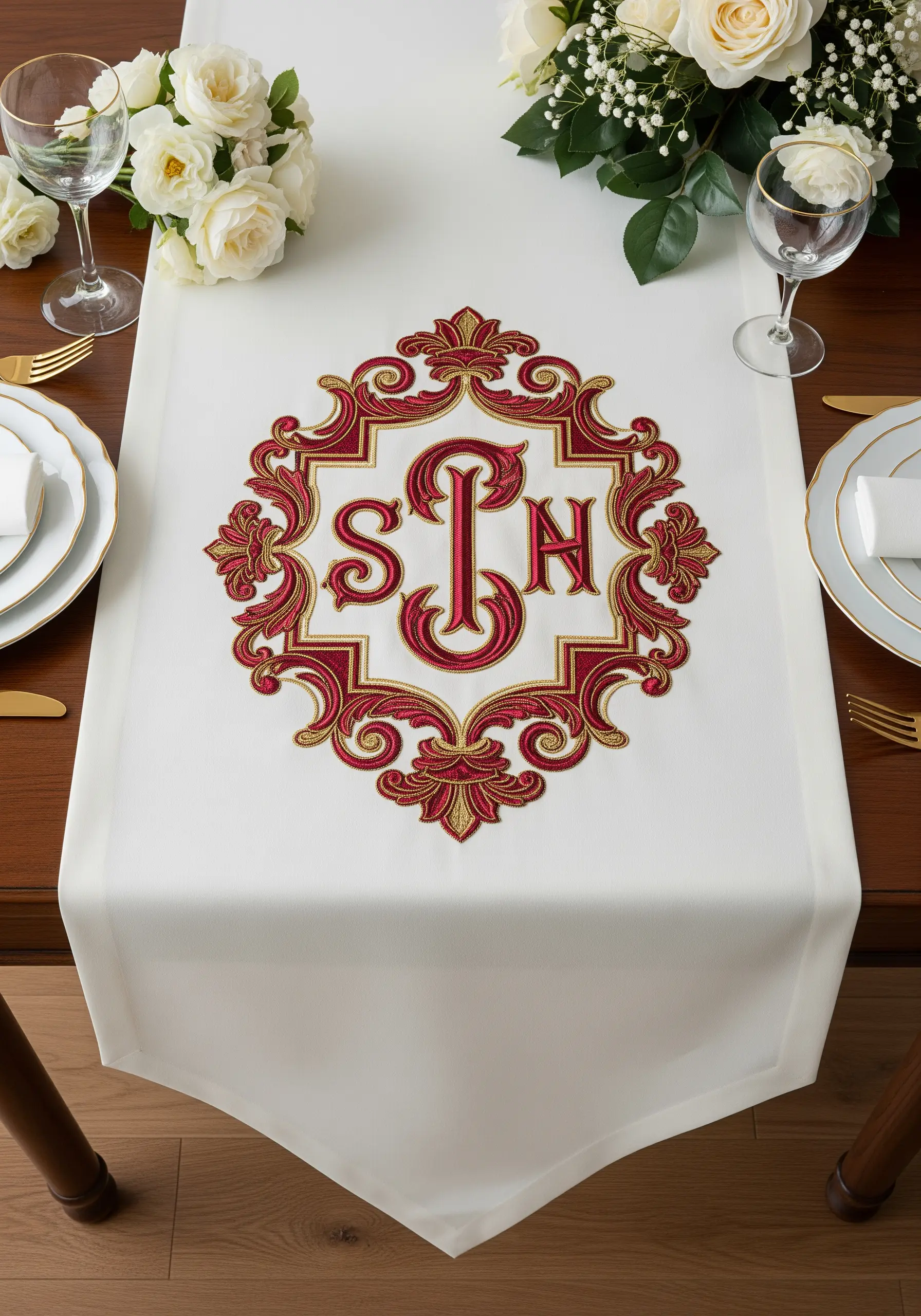 An ornate red, gold, and cream baroque-style monogram on a white table runner.