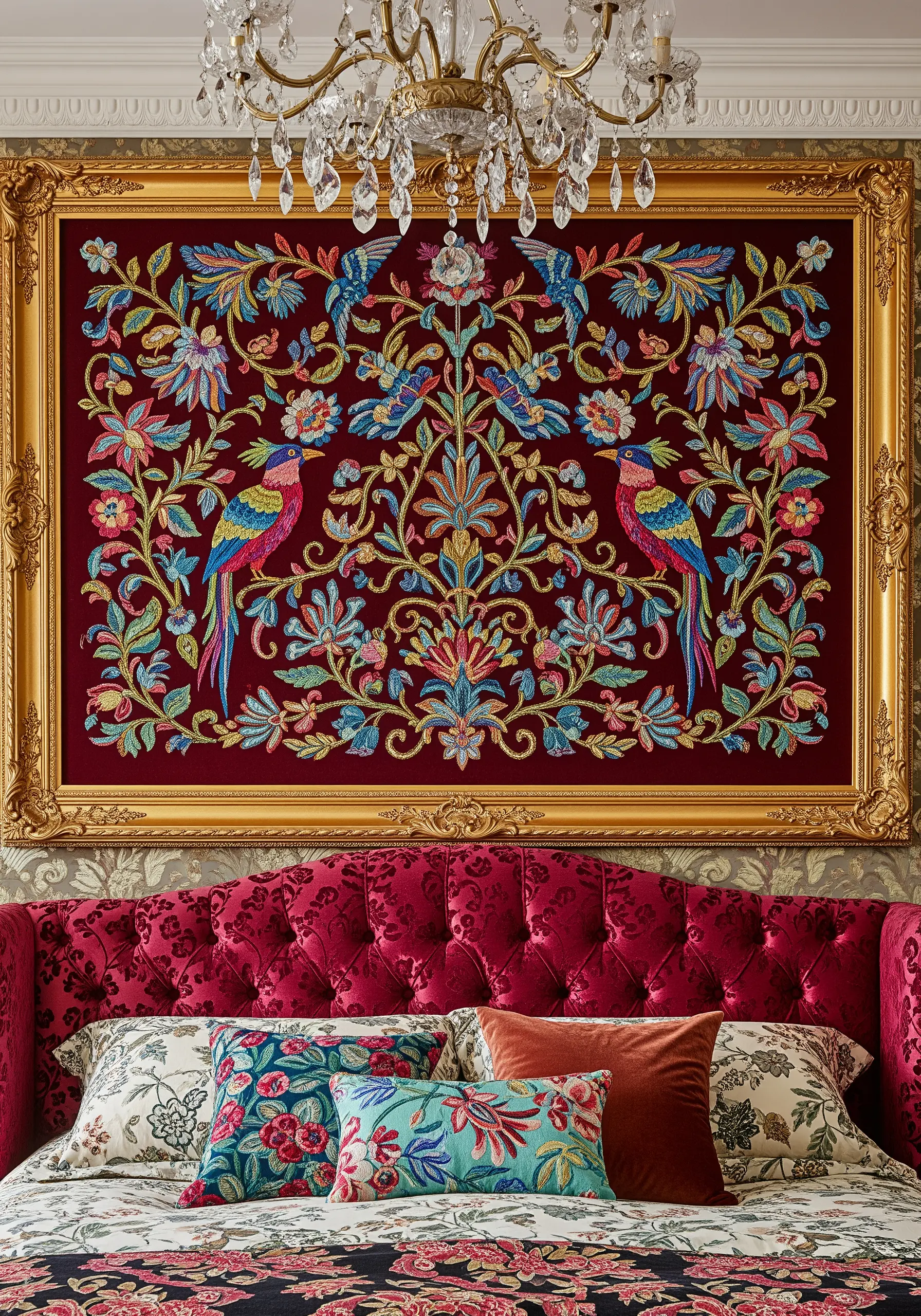 Symmetrical embroidery of colorful birds and florals with gold thread on red velvet.