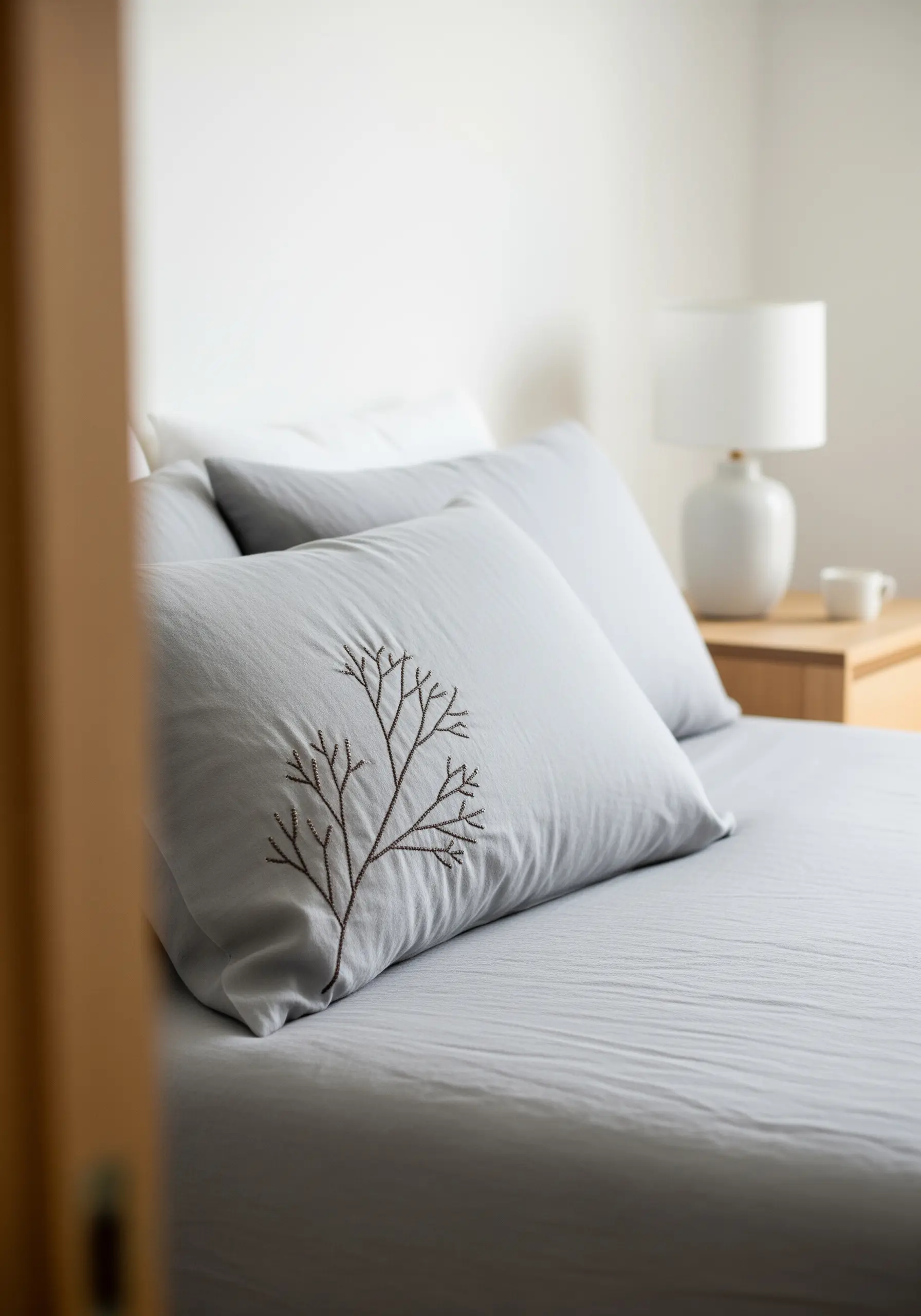 A delicate, dark brown embroidered tree branch on a light grey pillowcase.