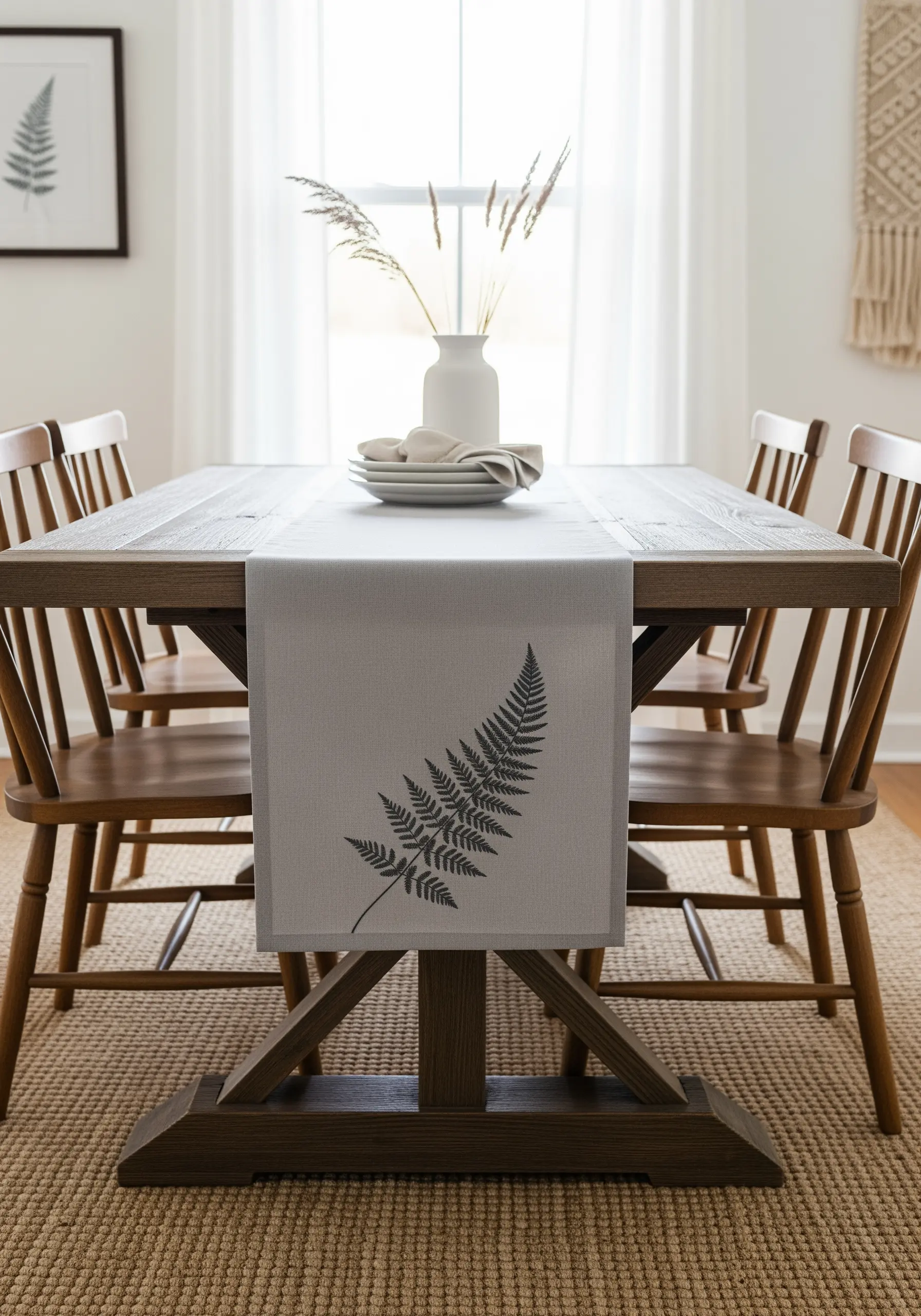 A single, detailed fern frond embroidered in dark gray on a light gray runner