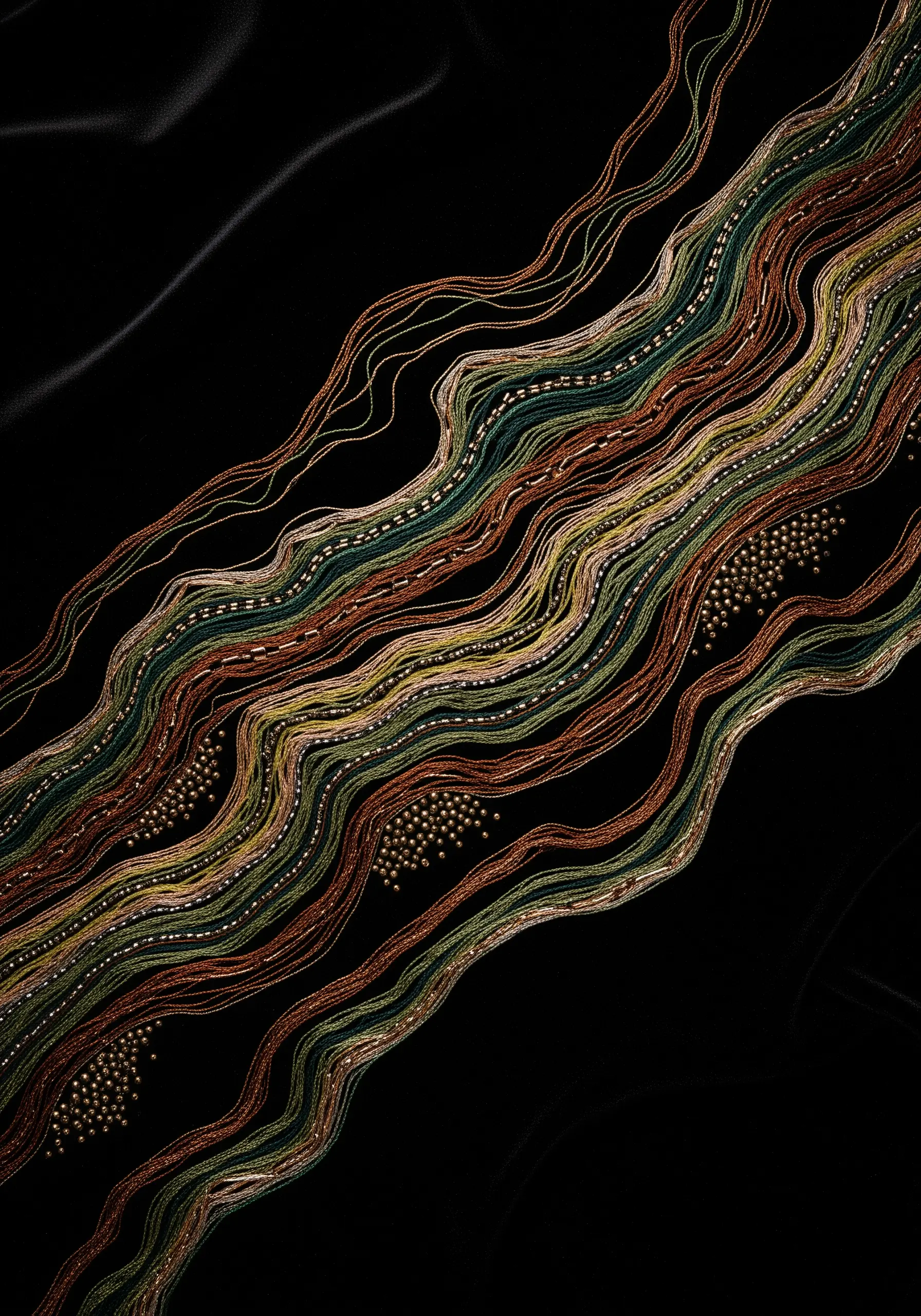 Abstract wavy couched metallic threads with gold bead clusters on black fabric.