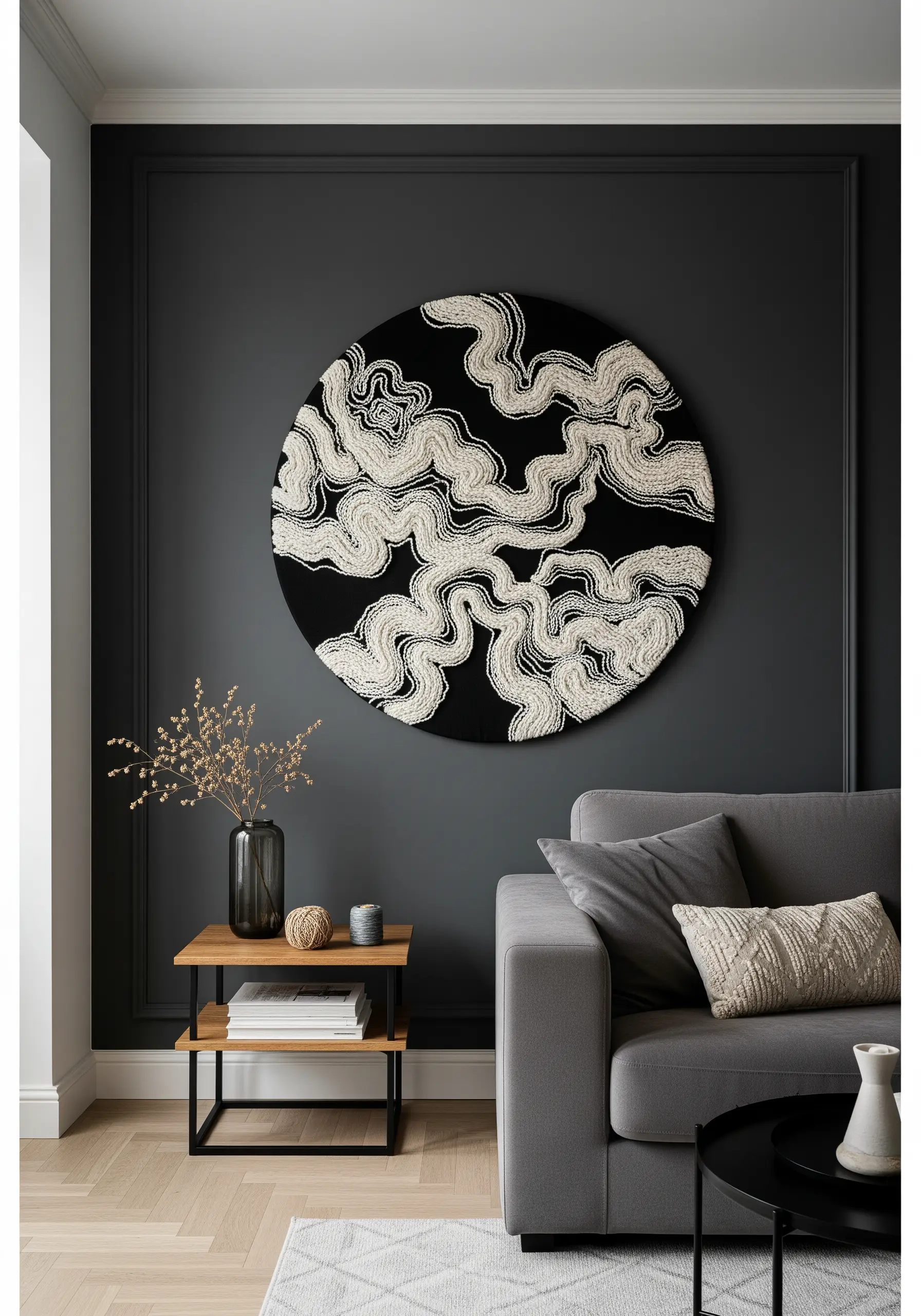 A large circular artwork with textured white yarn couched in swirling patterns on black fabric.