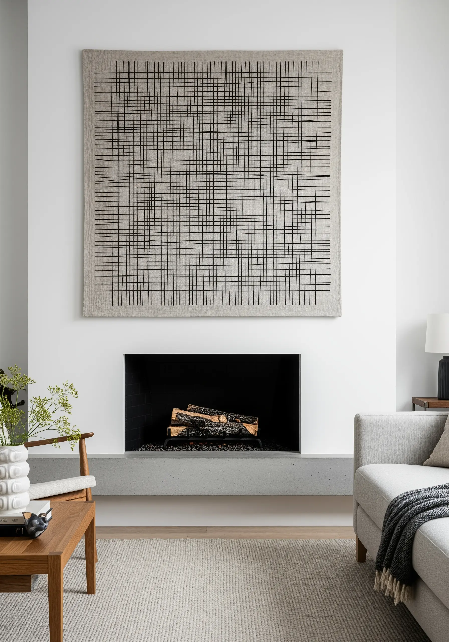 A large, hand-stitched grid pattern in black thread on neutral fabric above a fireplace.