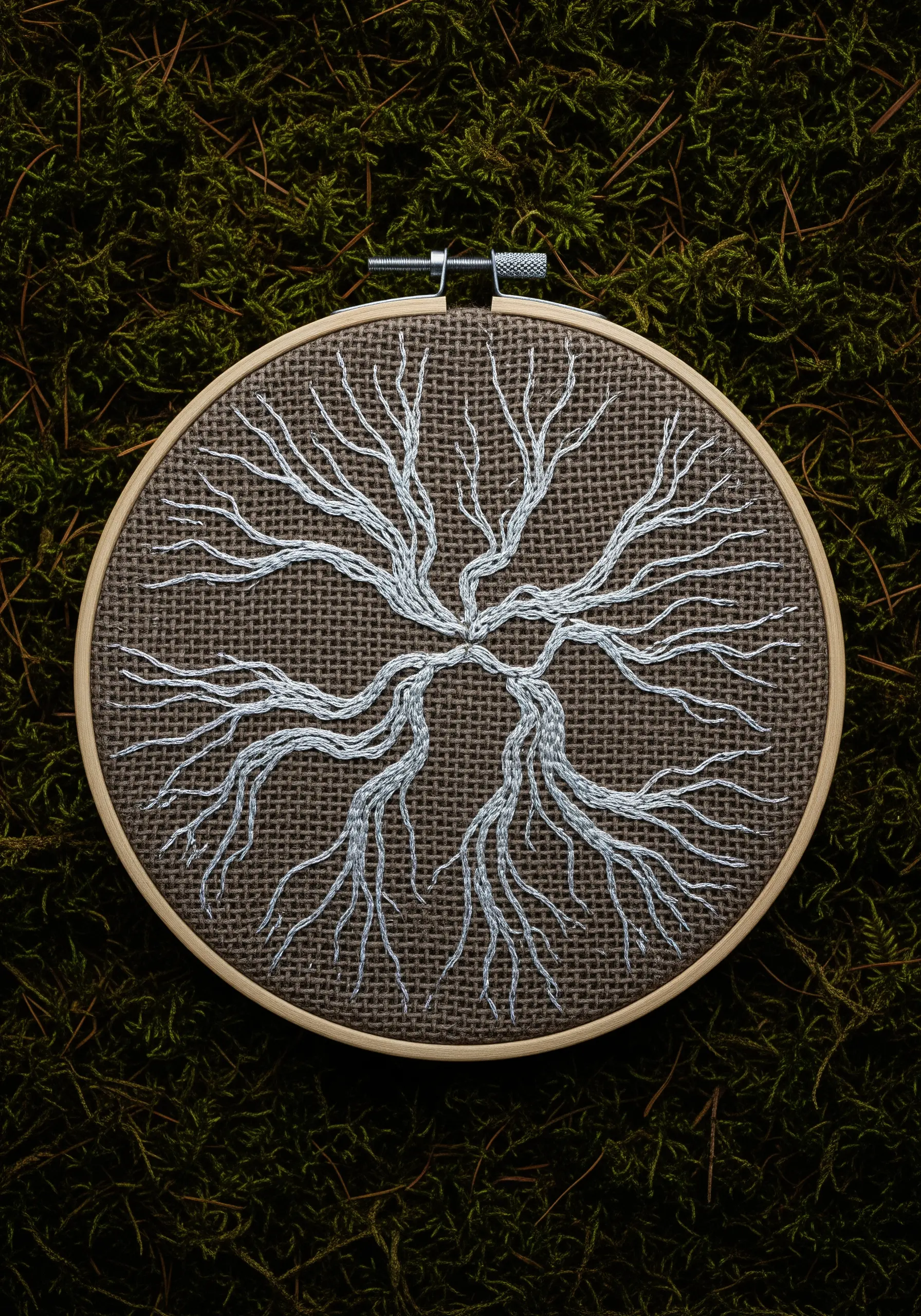 An abstract root system stitched in silver metallic thread on a coarse burlap fabric.
