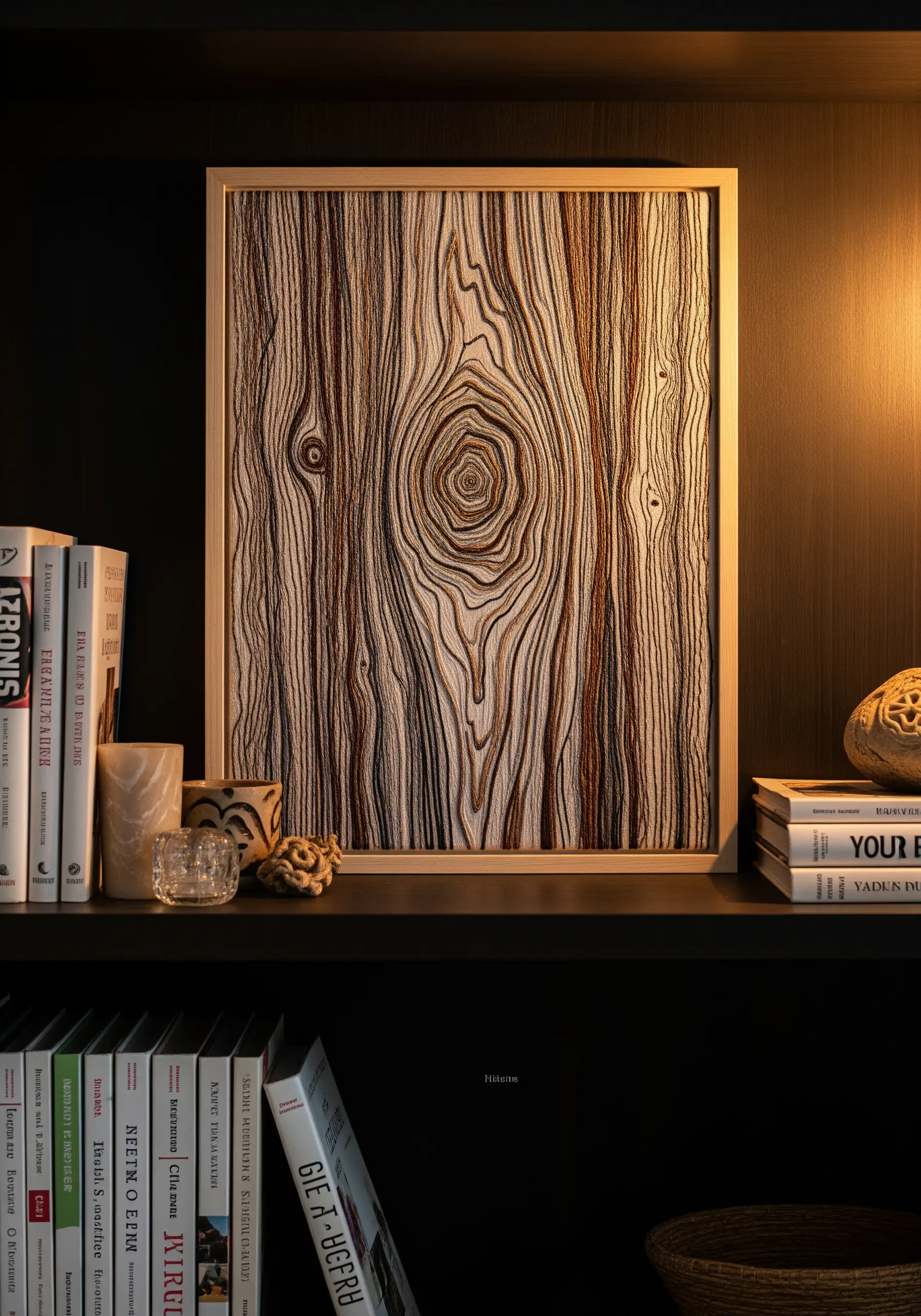 Realistic wood grain texture created with long, parallel stitches in multiple brown shades.