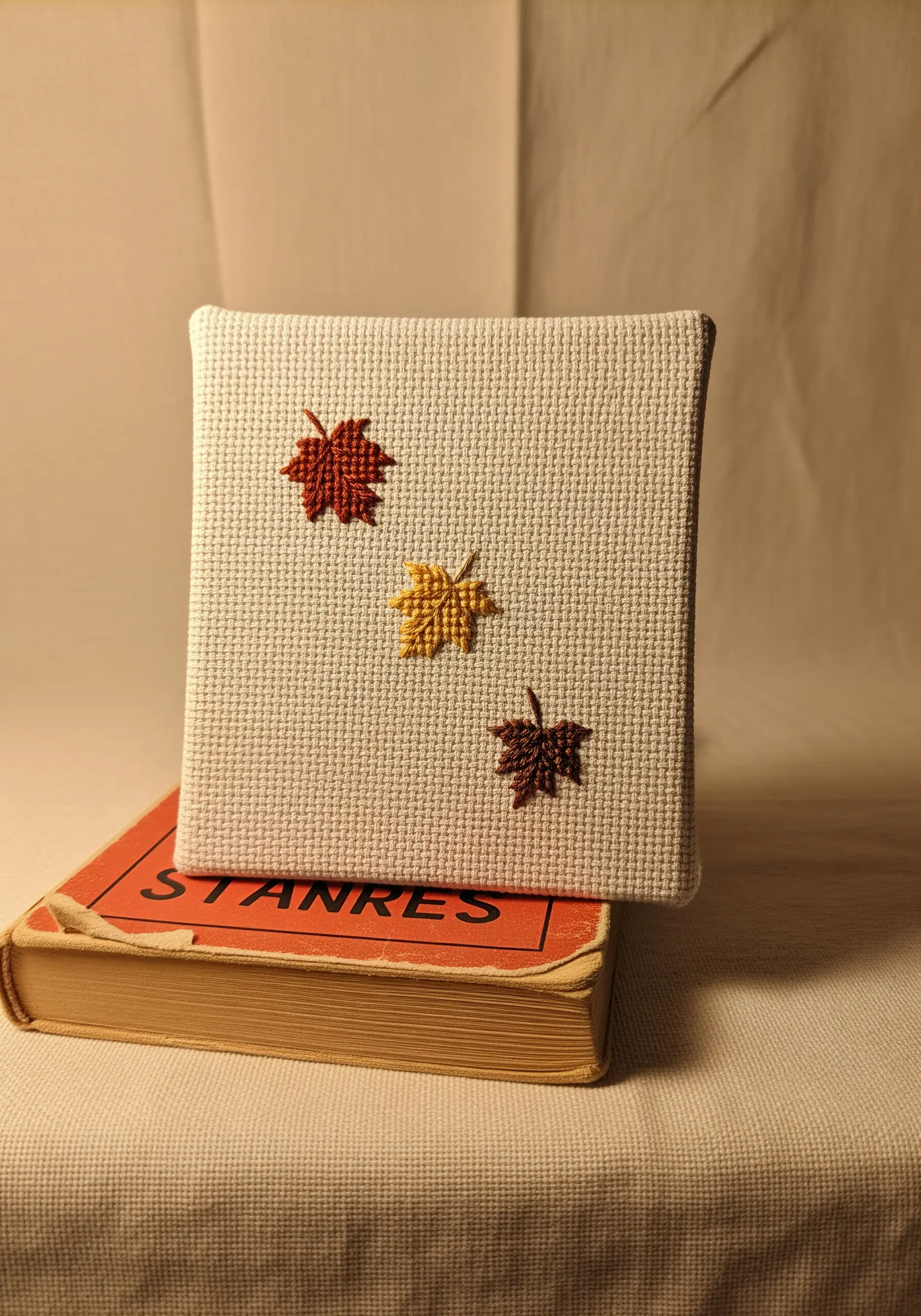 Three small autumn leaves embroidered in red, yellow, and brown on gridded fabric.