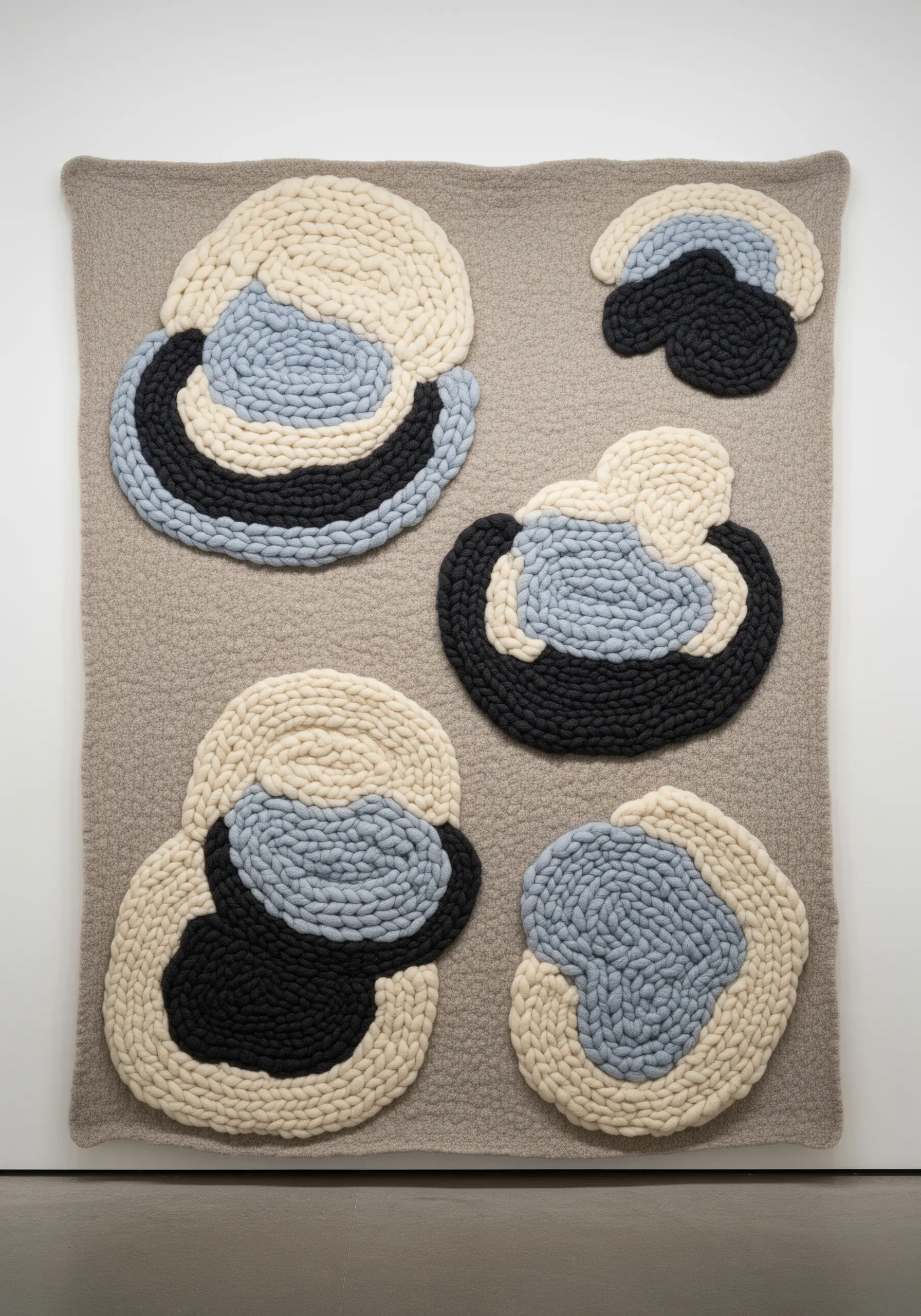 Chunky wool roving in blue, black, and cream couched onto a neutral fabric.