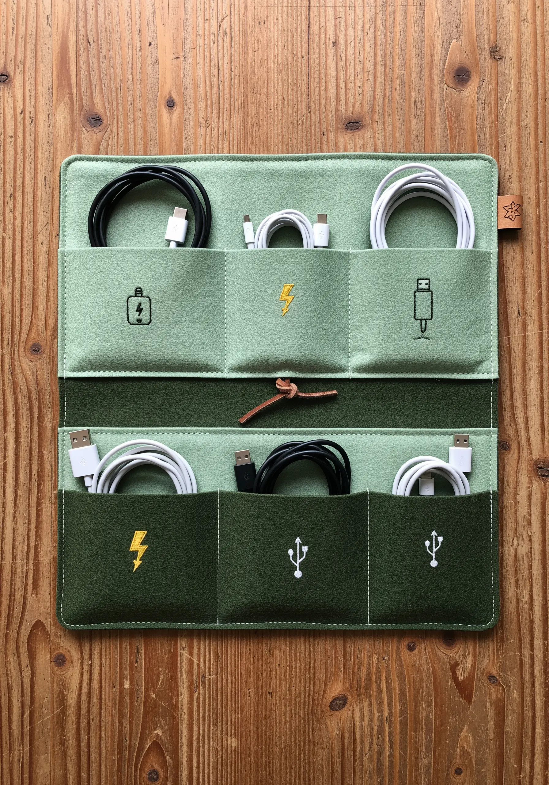 A foldable felt tech organizer with pockets embroidered with minimalist charging symbols.