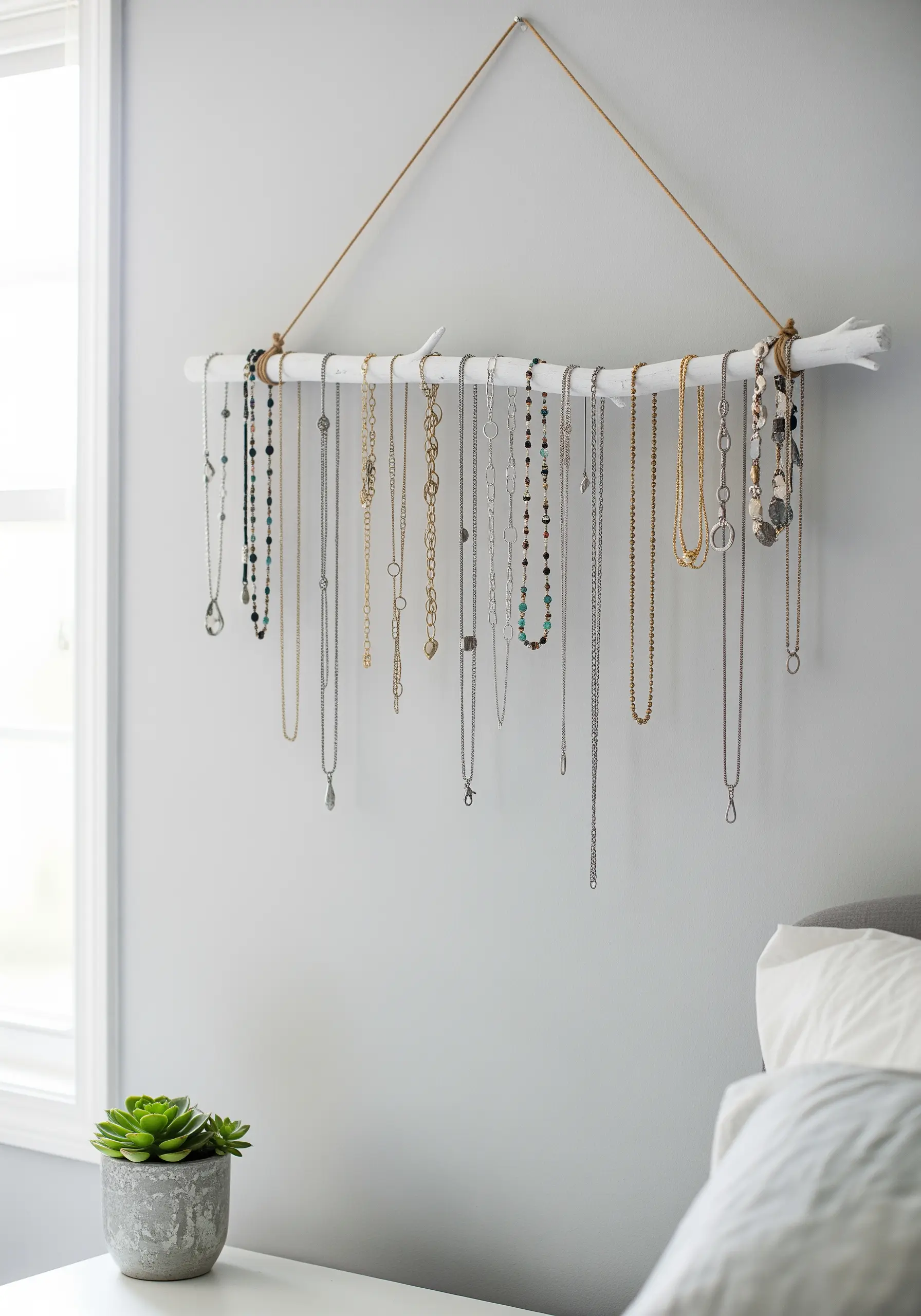 Necklaces and bracelets hanging from a white-painted branch mounted on a wall.