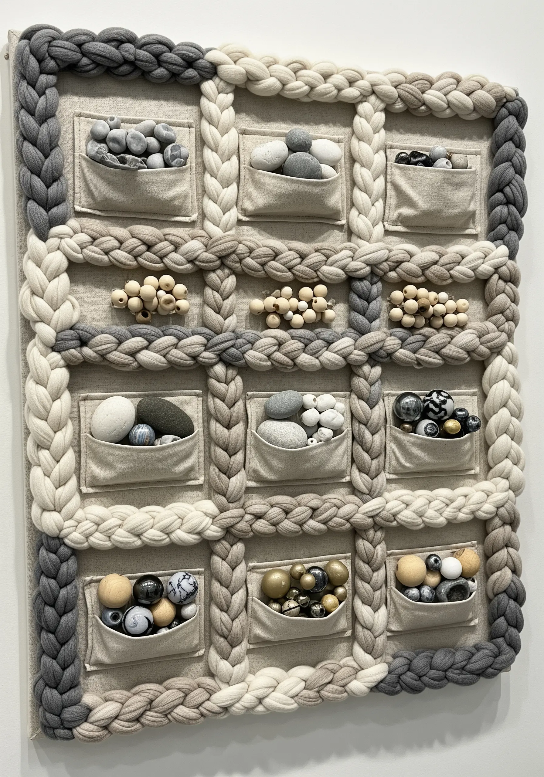 A wall hanging with a grid of braided yarn, featuring small pockets filled with beads and stones.