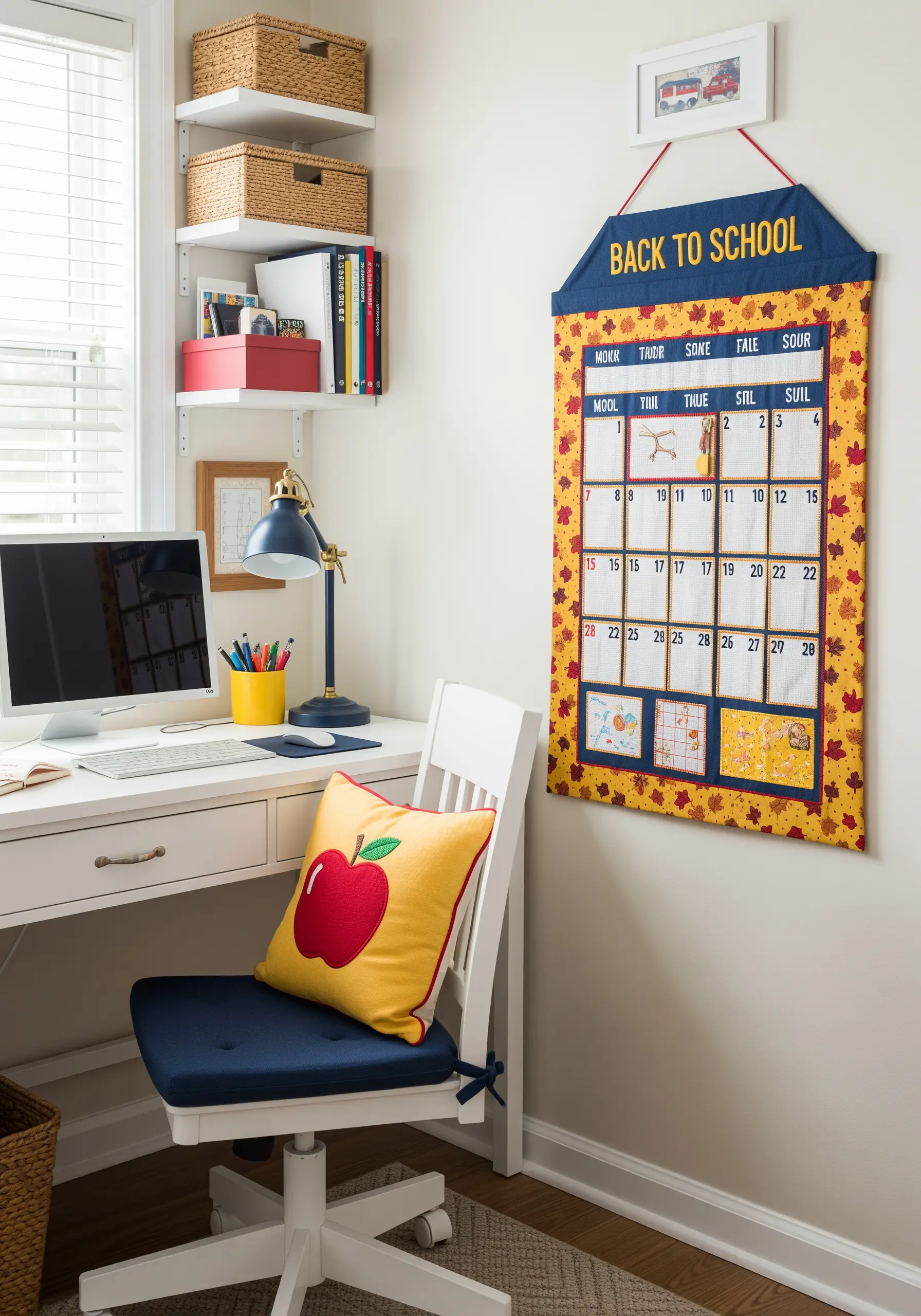 A fabric wall calendar with autumn leaf patterns and 'Back to School' embroidered at the top.