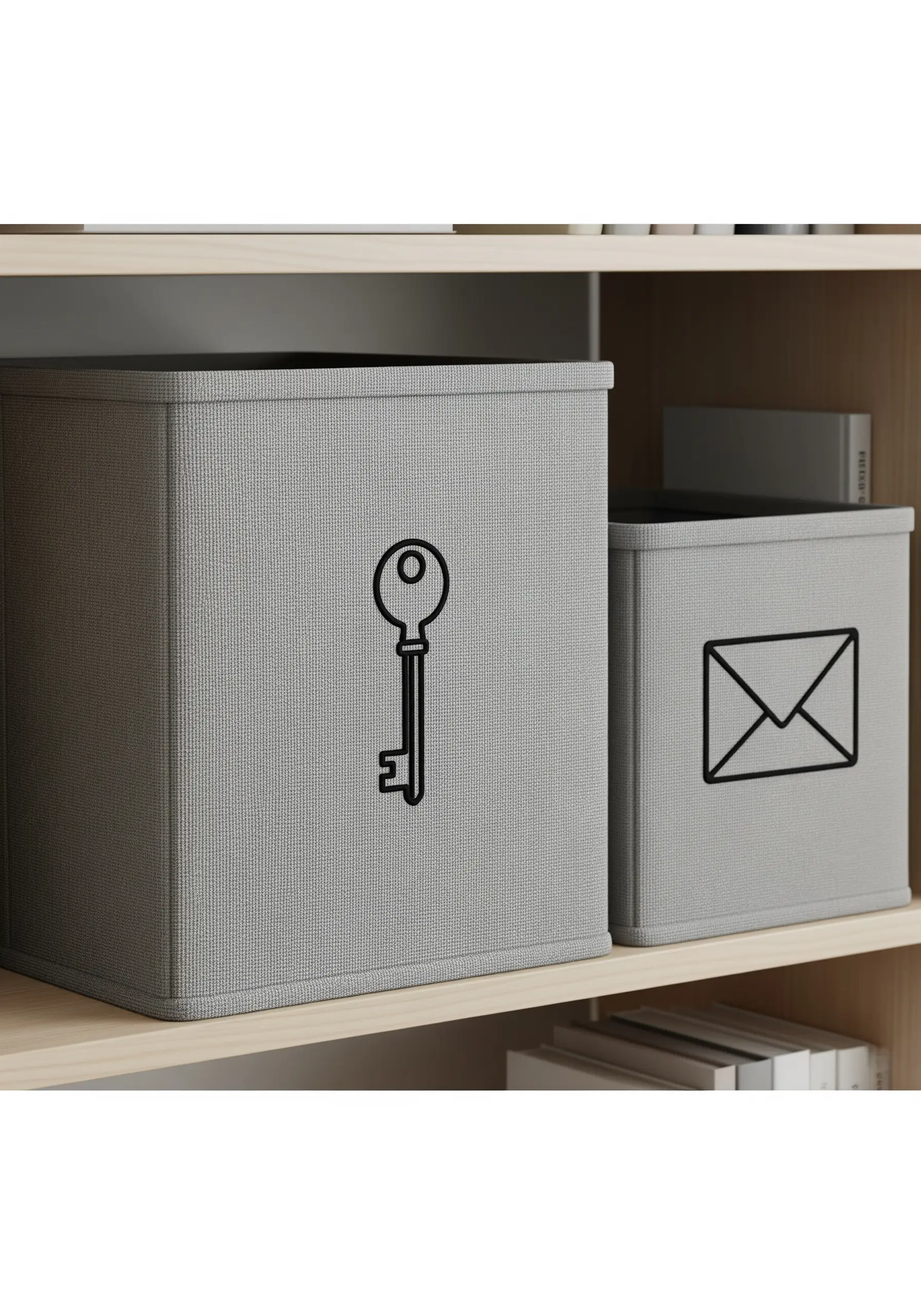 Two grey fabric storage bins embroidered with black line art icons of a key and an envelope.