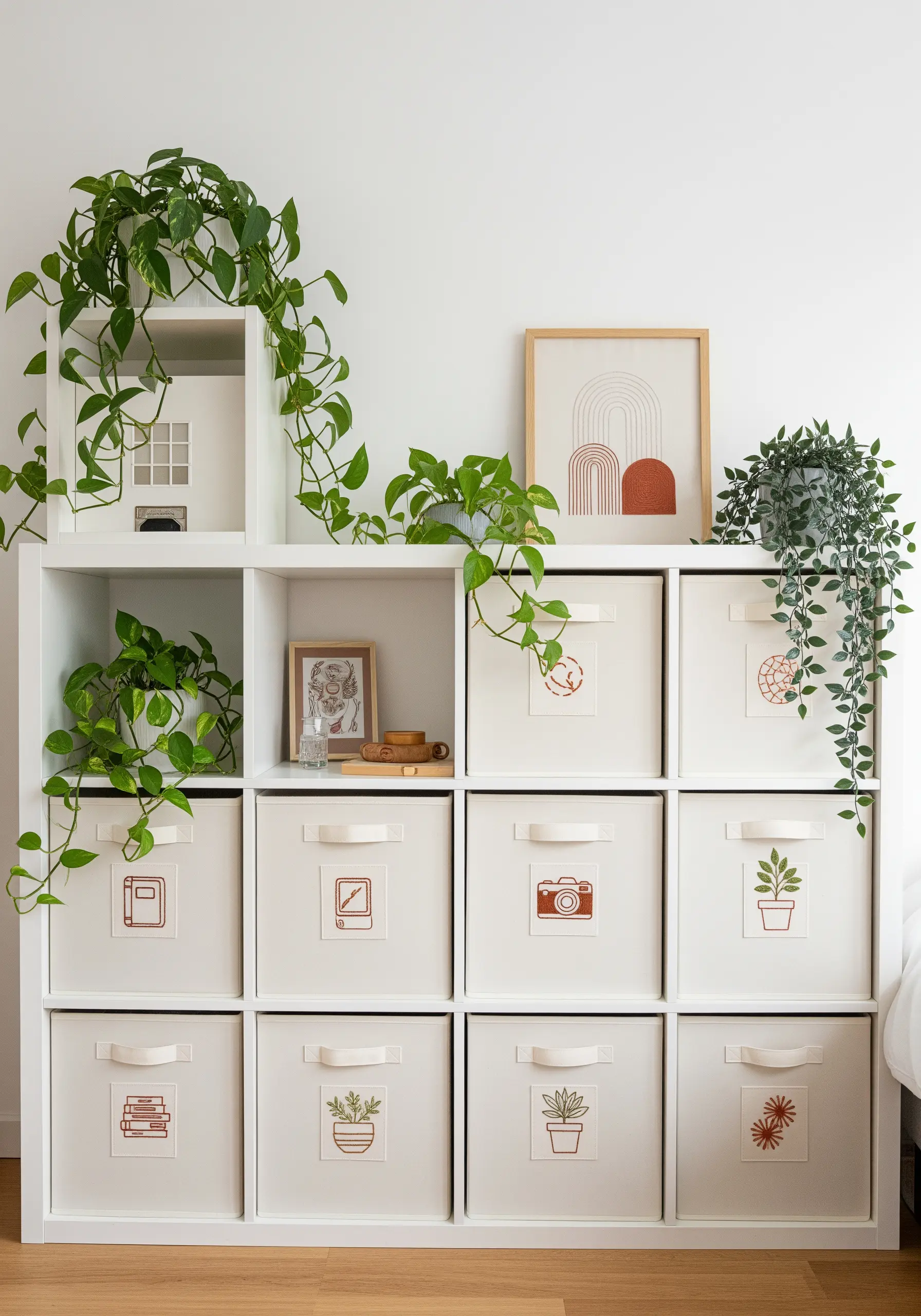 White cube shelving with canvas bins, each embroidered with a simple terracotta-colored icon.