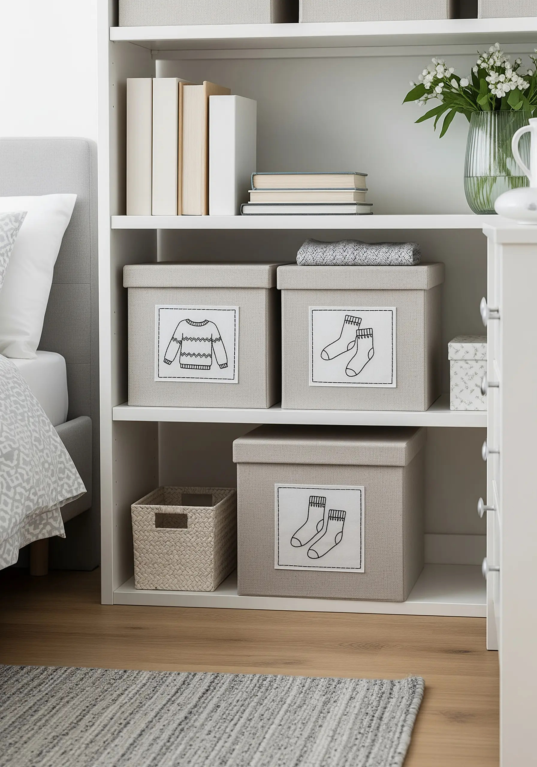Fabric storage boxes with embroidered patches showing line art of sweaters and socks.
