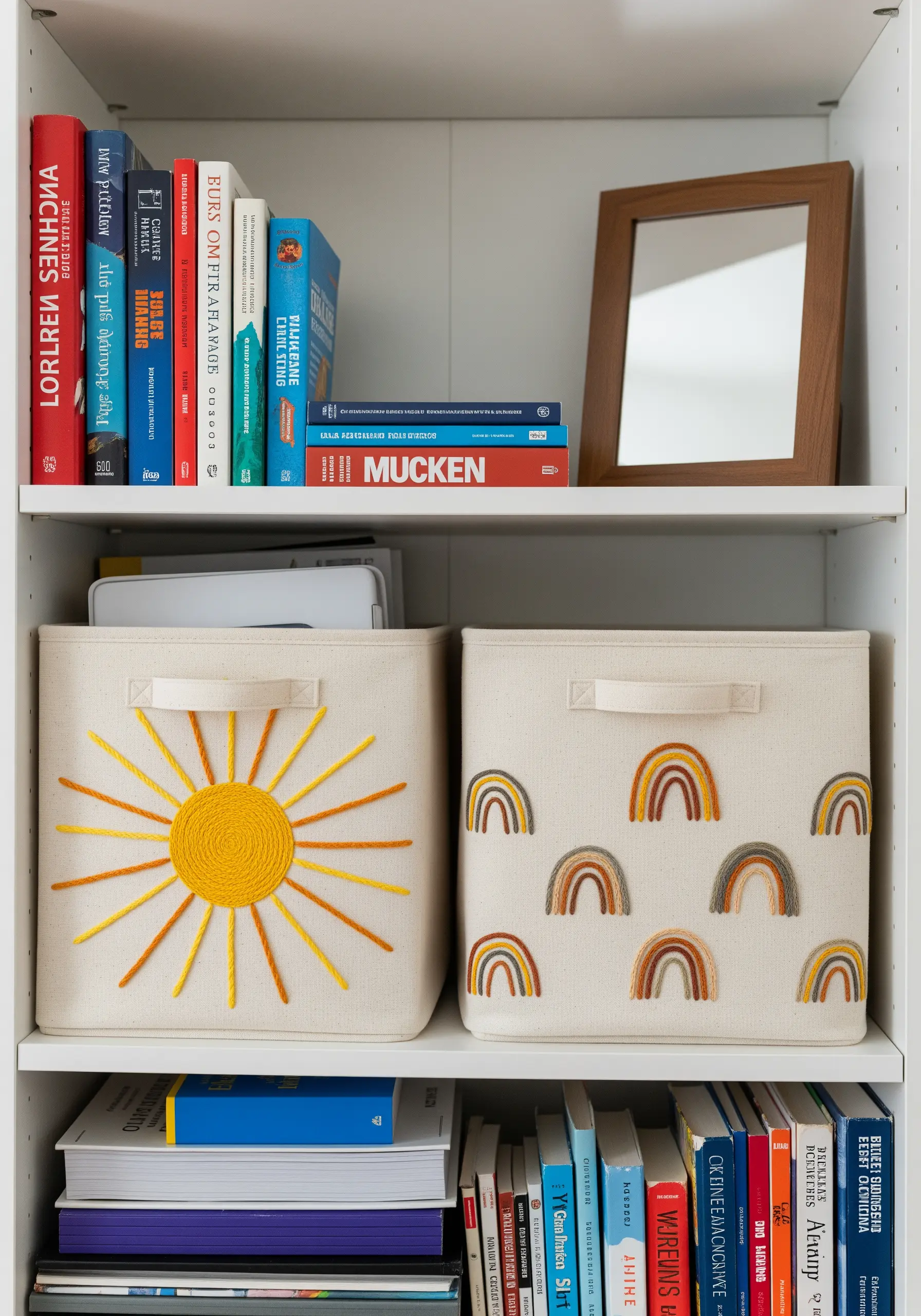 Canvas storage bins on a shelf, one embroidered with a sun, one with rainbows