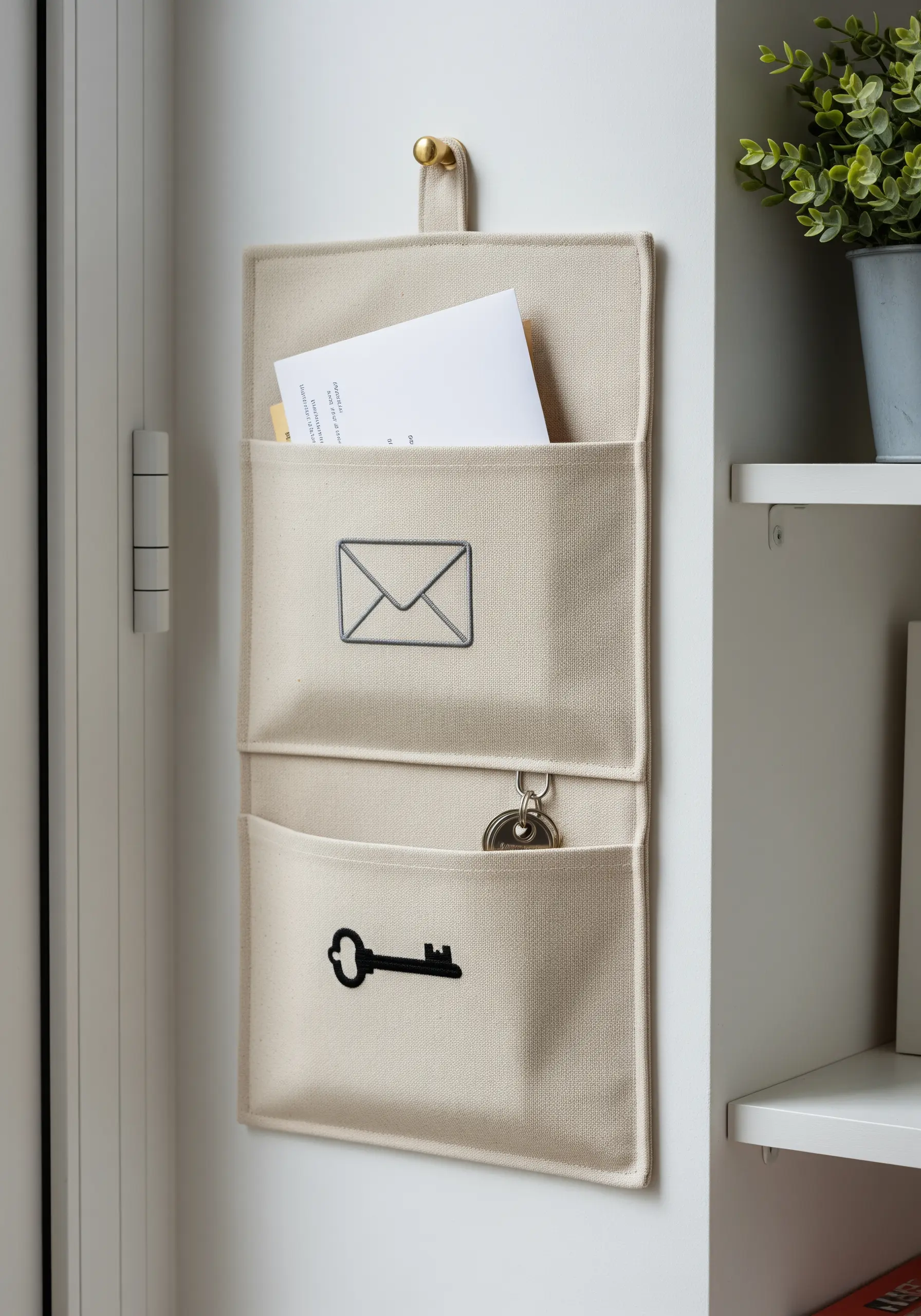 Simple line art icons of an envelope and a key embroidered on a fabric wall organizer.