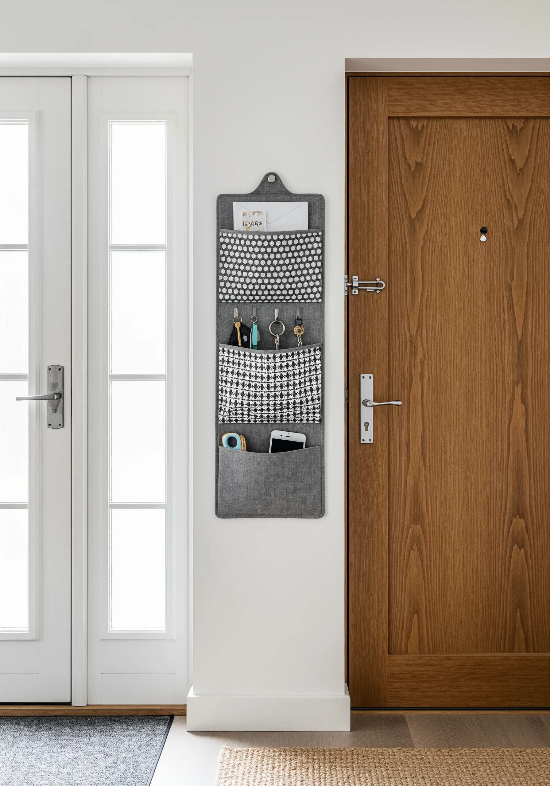 A gray felt wall organizer with patterned pockets, holding keys, mail, and a phone.