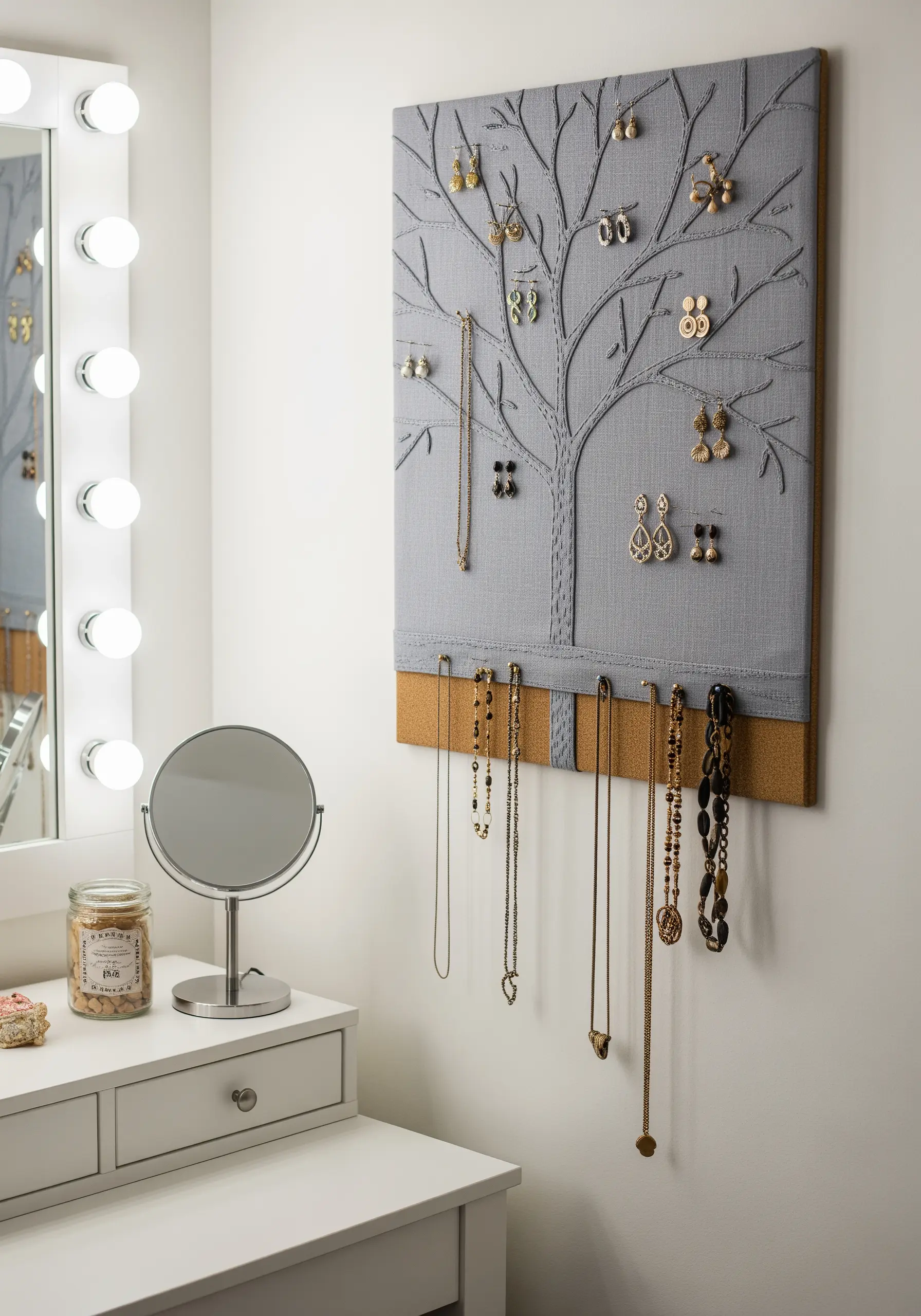 A fabric-covered board with an embroidered tree, used as a jewelry organizer for earrings