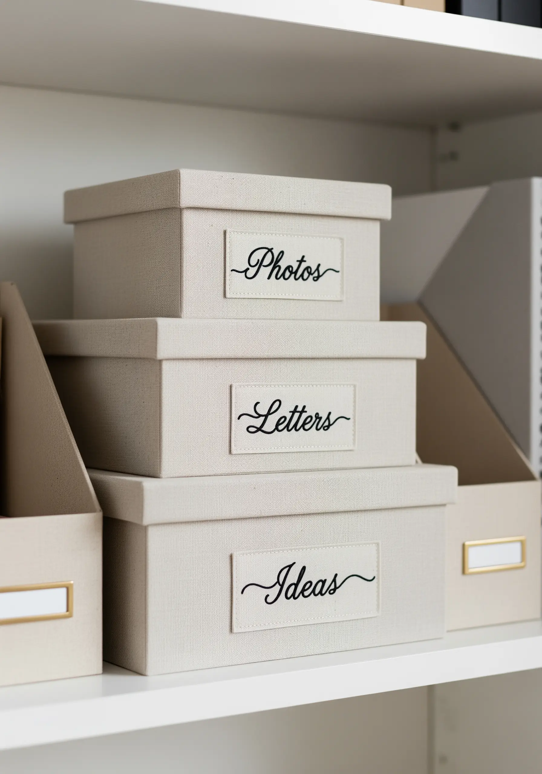 Linen storage boxes with embroidered labels for 'Photos,' 'Letters,' and 'Ideas.'