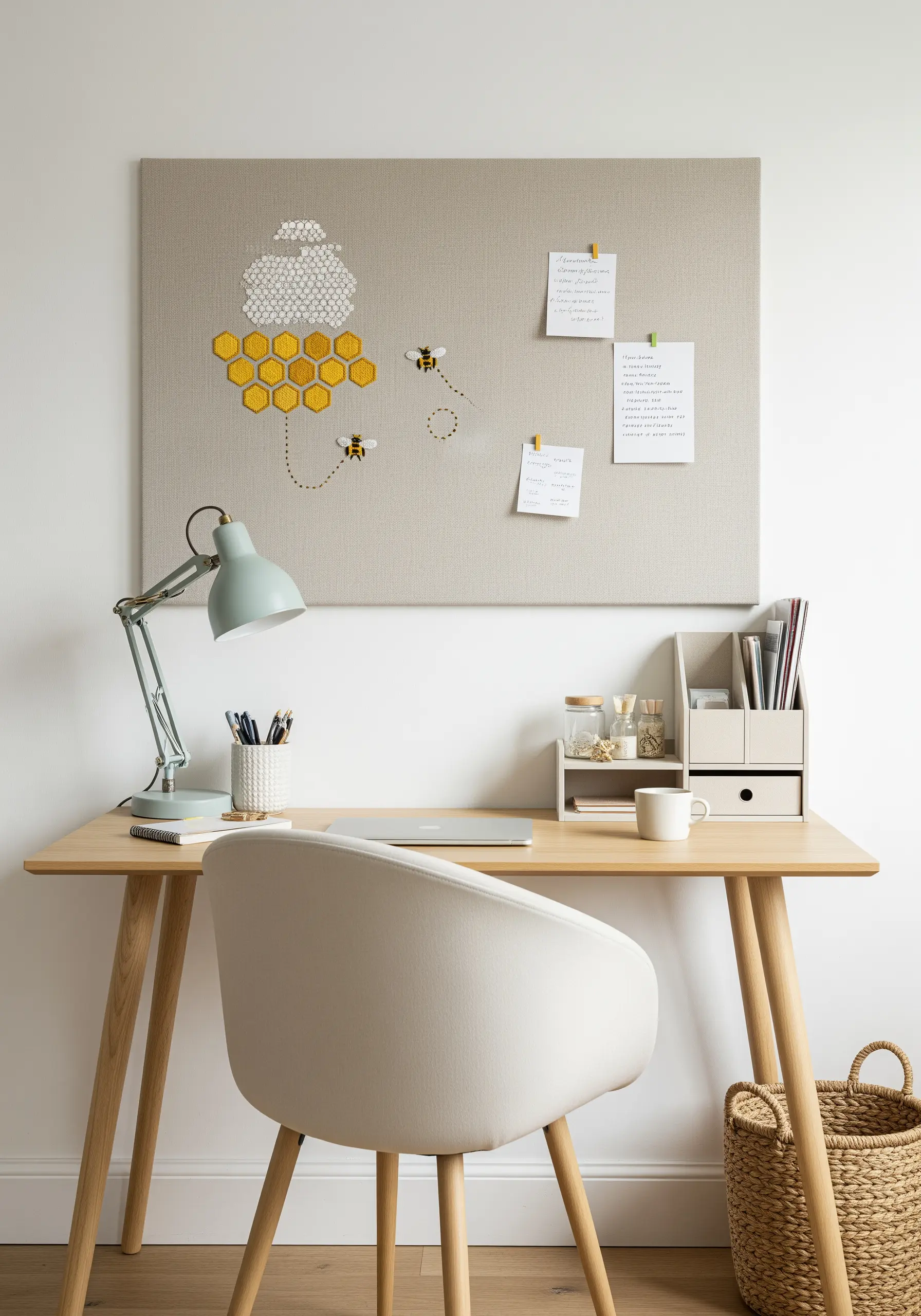 A fabric pinboard over a desk, embroidered with a golden honeycomb and two small bees.
