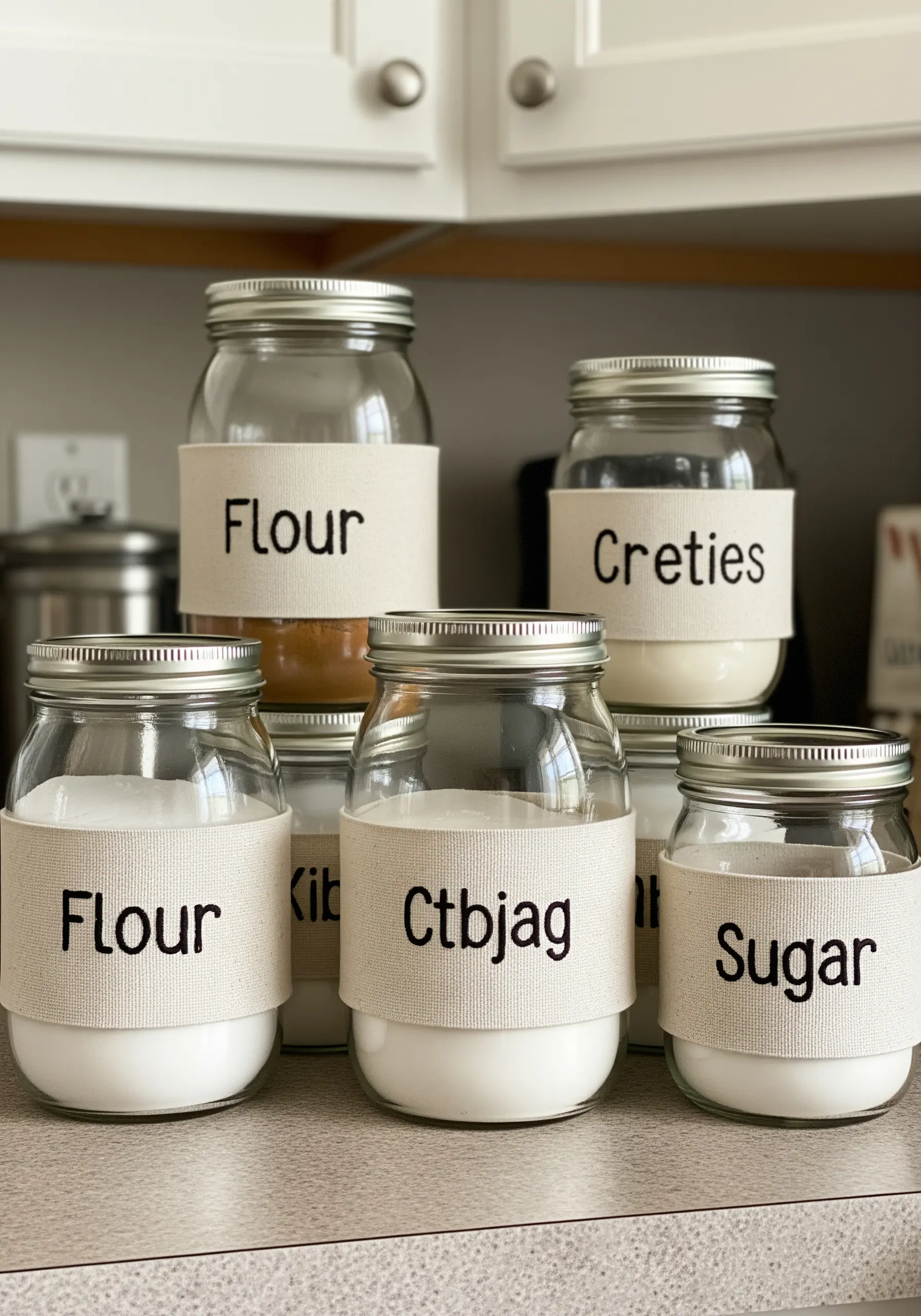Embroidered labels for 'Flour' and 'Sugar' on canvas bands wrapped around glass pantry jars.
