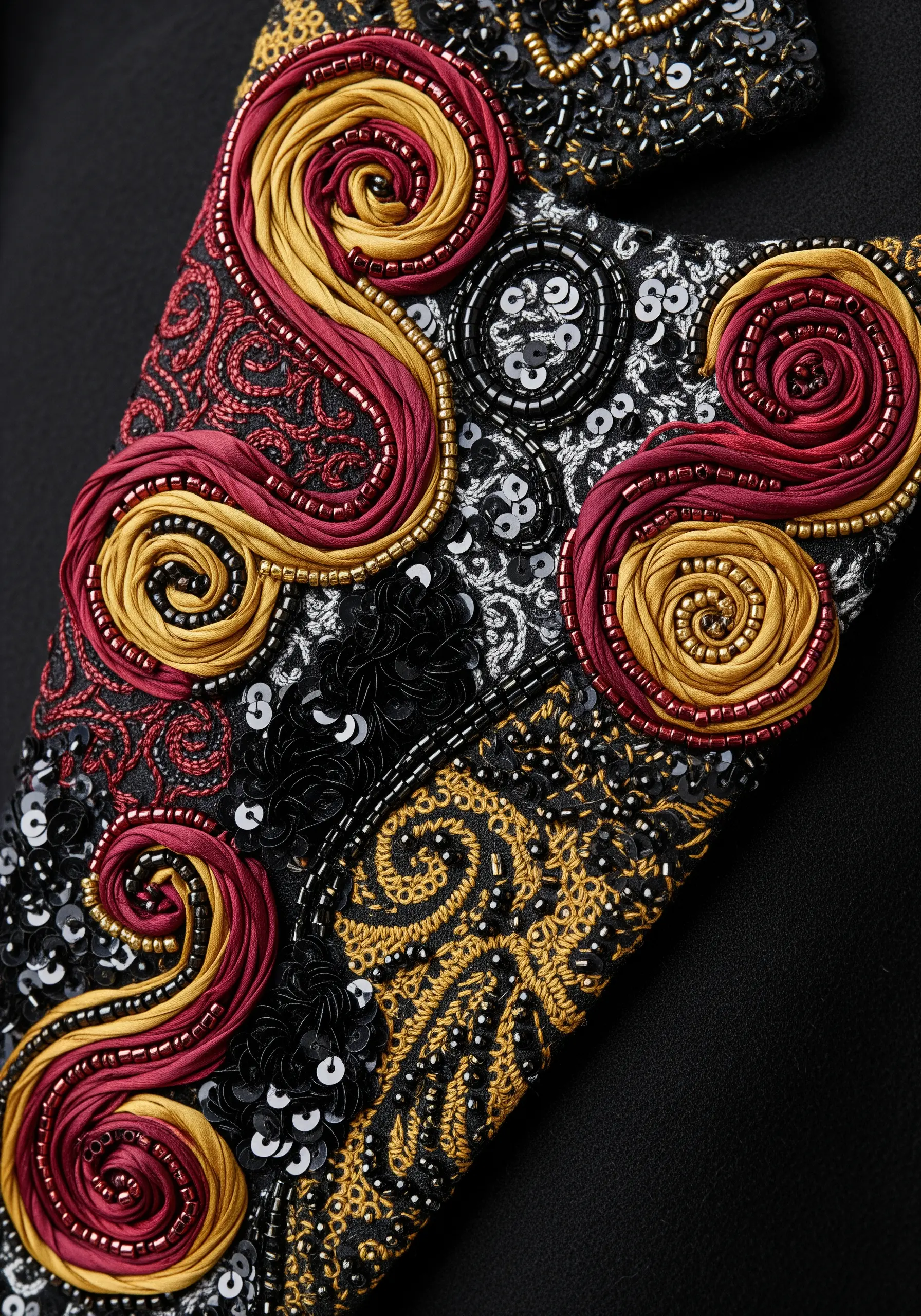 Elaborate embellishment on a garment with ribbon rosettes, beads, sequins, and detailed stitching.