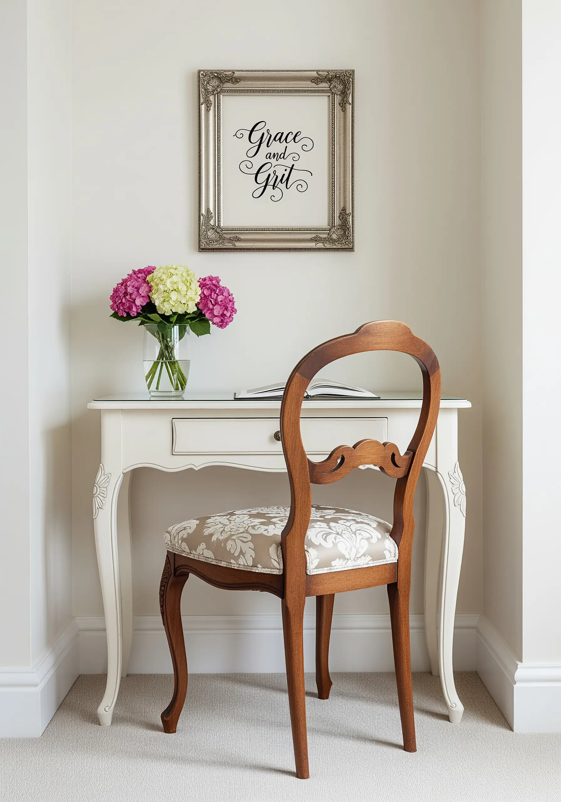 The quote 'Grace and Grit' in elegant script, displayed in an ornate silver frame.