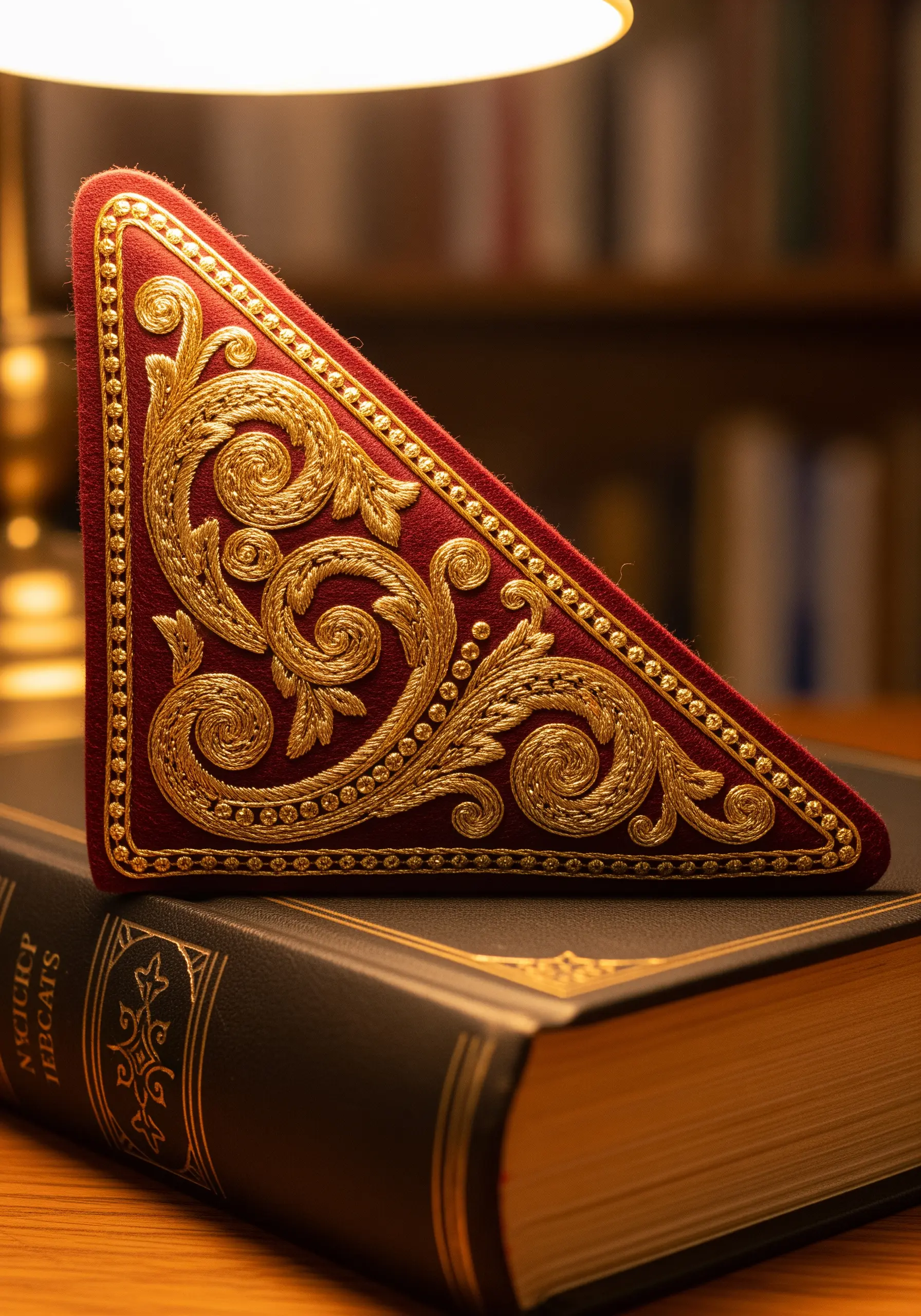 A lavish goldwork embroidered bookmark corner on red velvet.