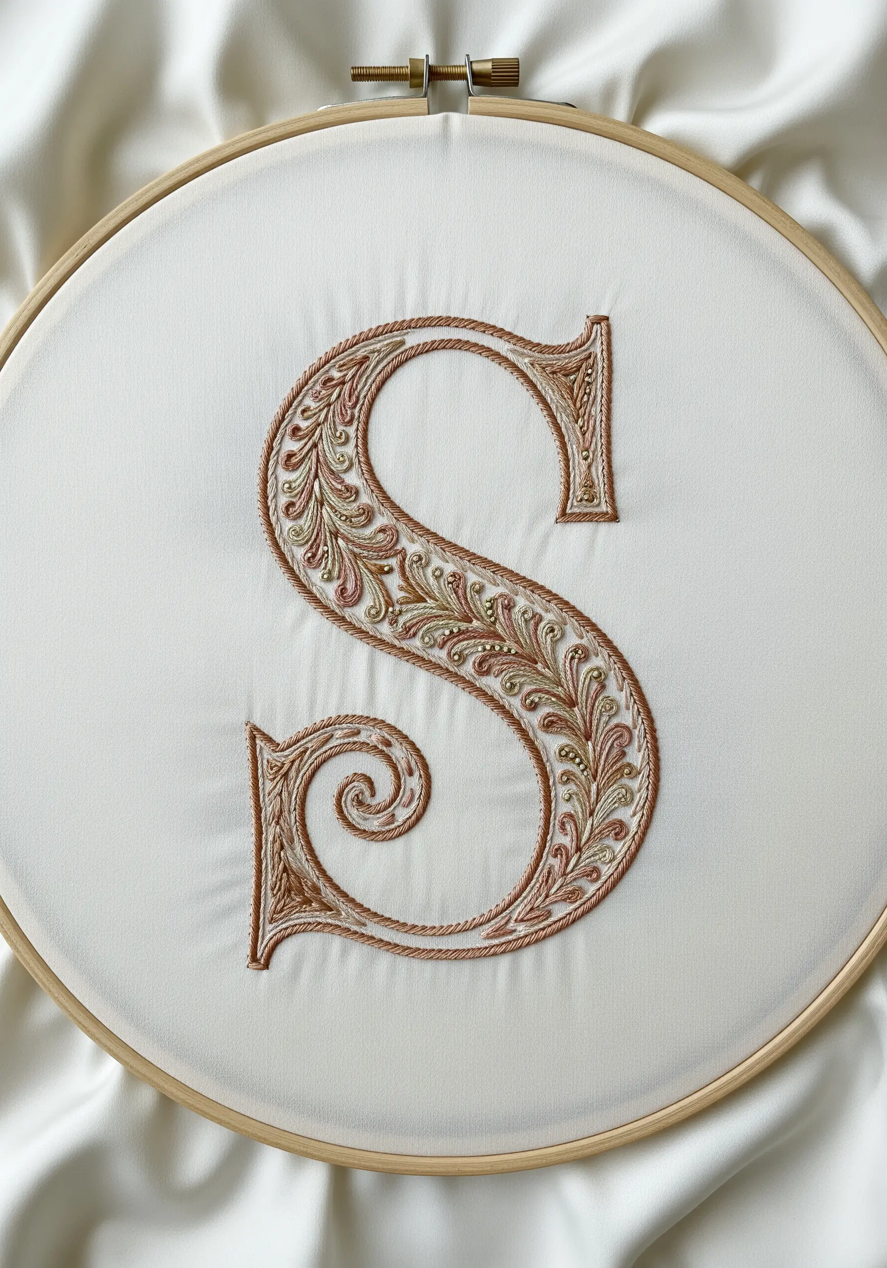 An ornate, decorative letter 'S' filled with intricate stitches in gold, pink, and green.