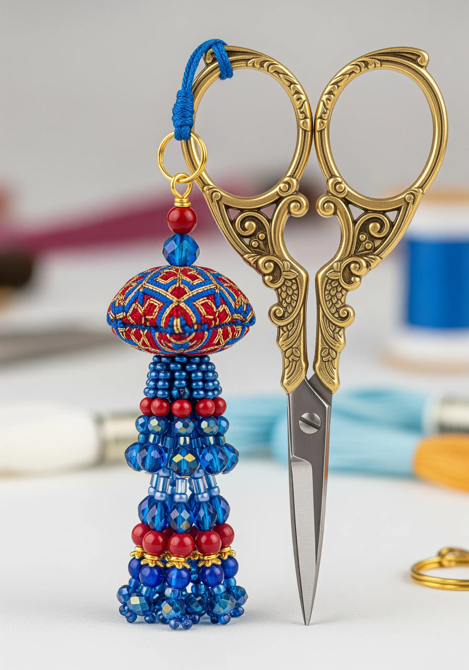An ornate, beaded scissor fob with red and blue embroidery and faceted beads.