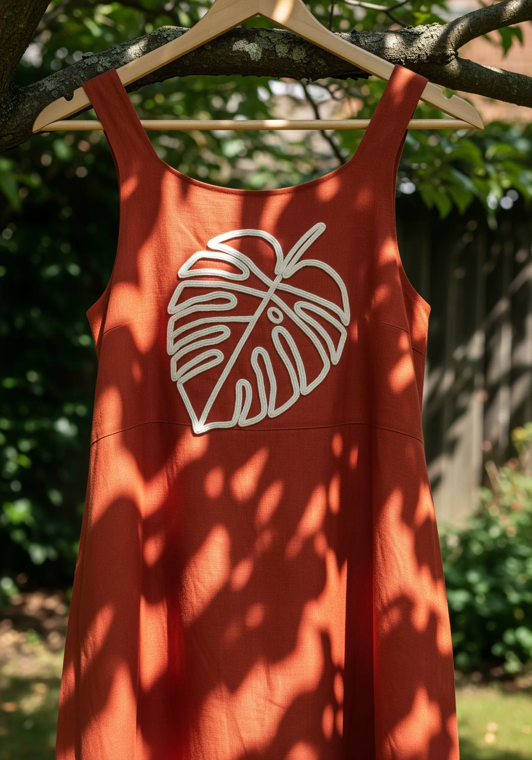 A bold, white outline of a monstera leaf embroidered on a terracotta linen dress.