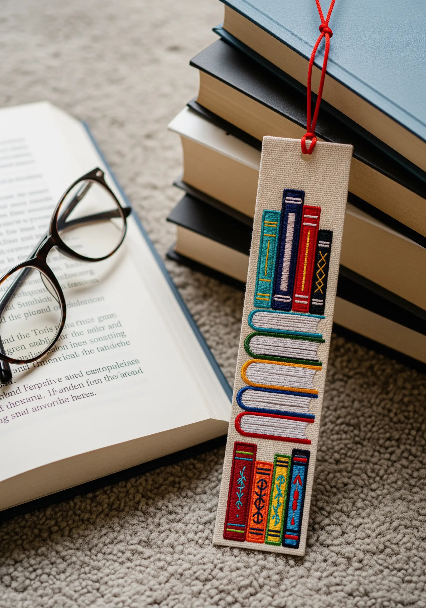 Embroidered bookmark featuring a colorful stack of books with detailed spine designs.