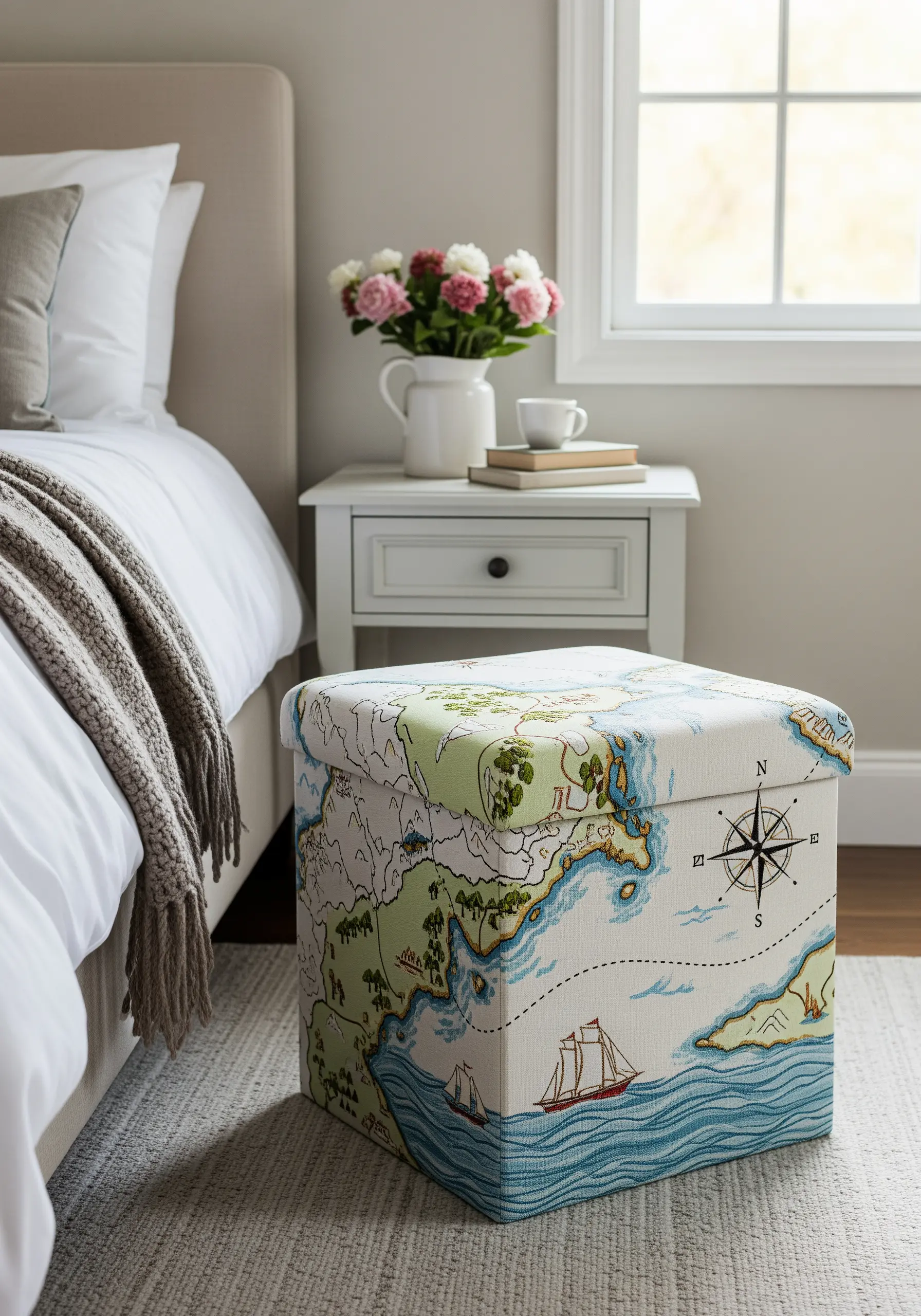 A storage ottoman upholstered with a vintage-style coastal map print.