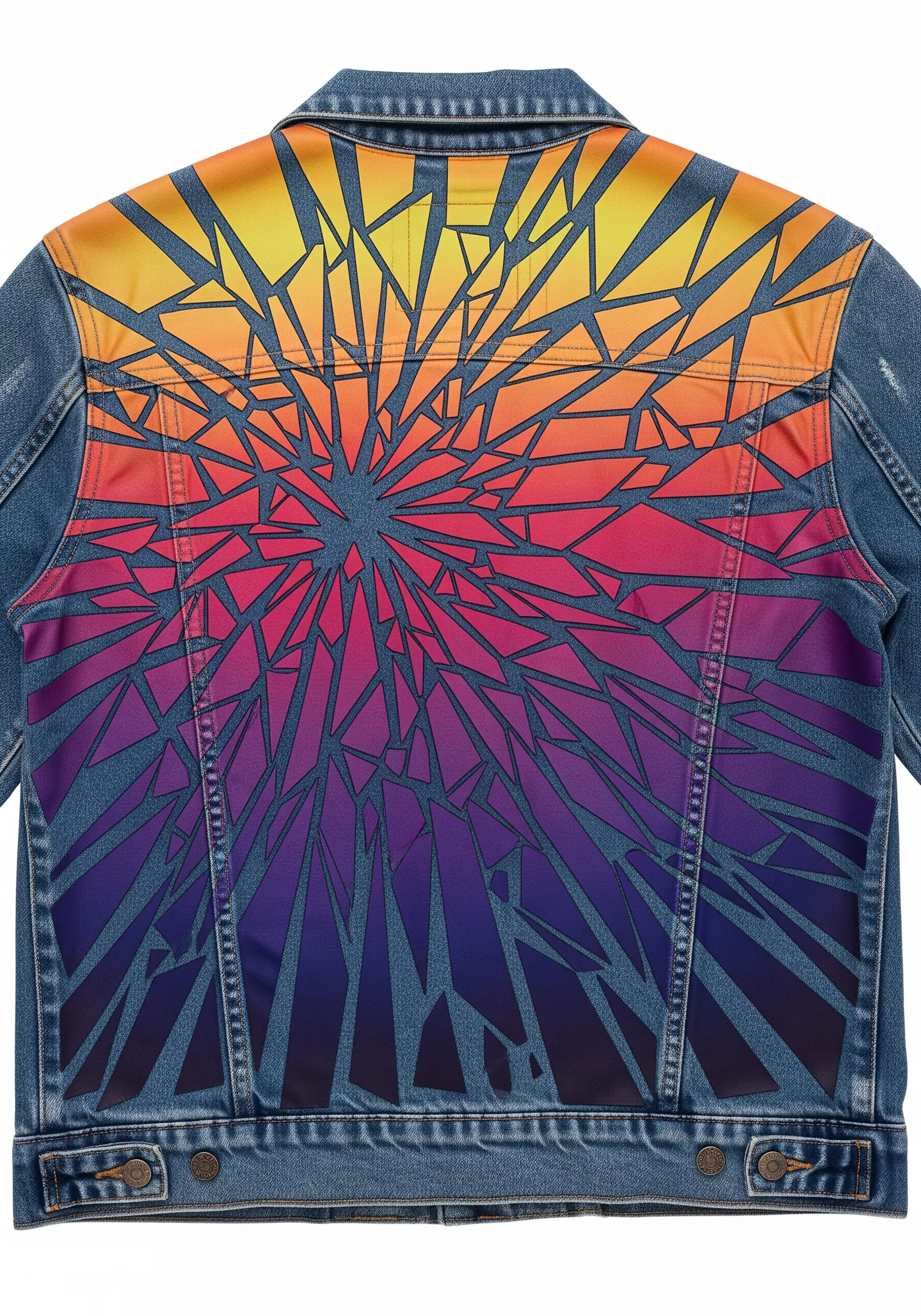 A sunset gradient panel on a denim jacket overlaid with black lines creating a shattered glass effect.