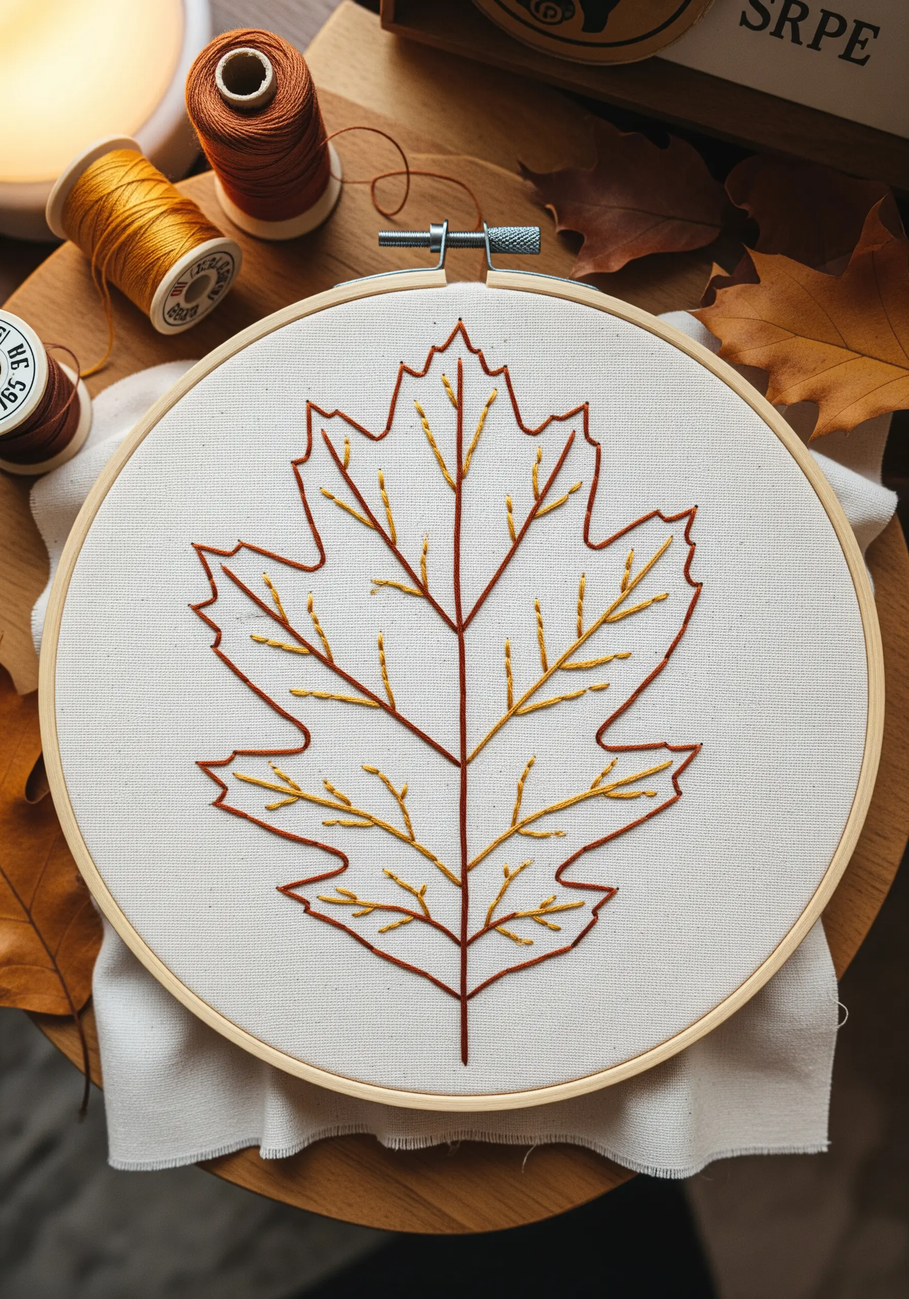 Minimalist outline of a maple leaf embroidered with brown and yellow thread.