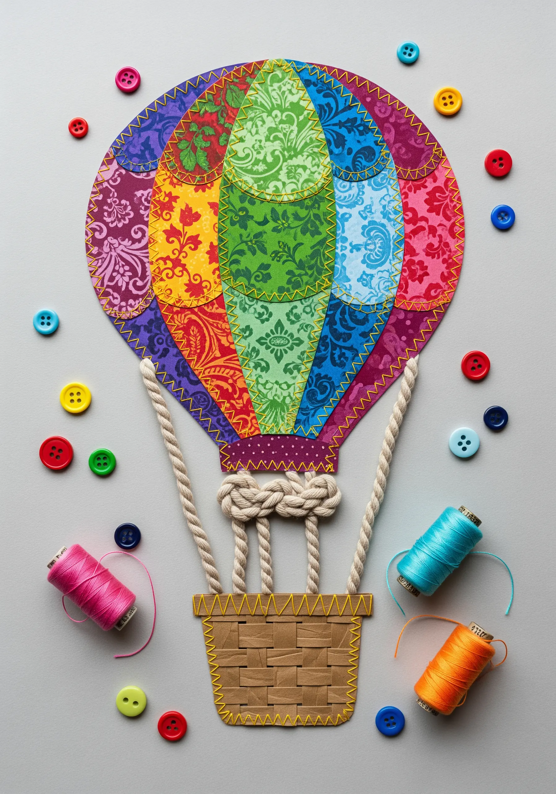 A hot air balloon made from colorful patterned paper, outlined with decorative stitches.