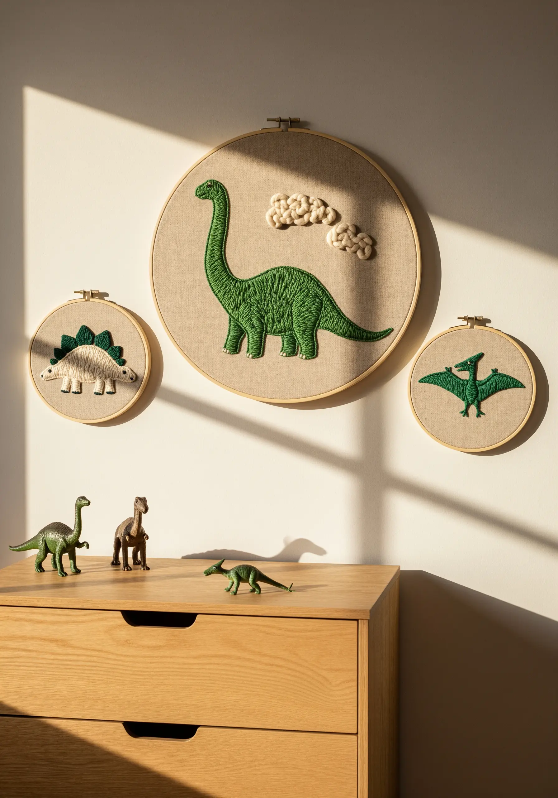 A collection of three dinosaur-themed embroidery hoops with textured yarn details.