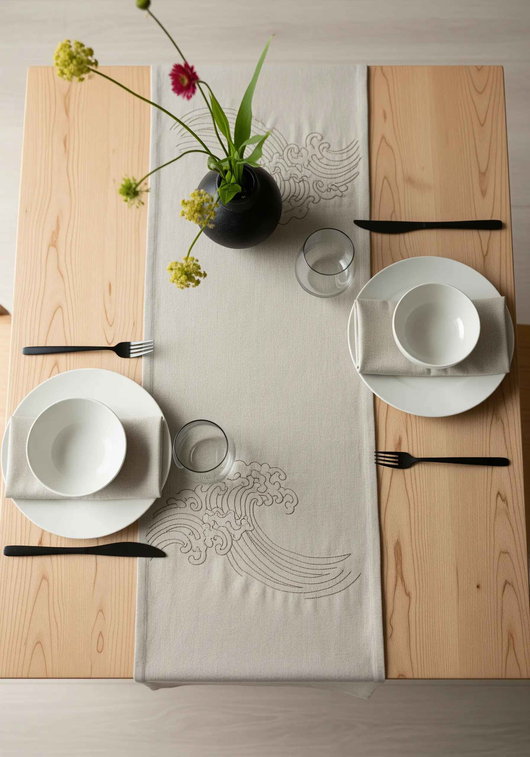 A neutral linen table runner embroidered with a stylized wave pattern in a darker thread.