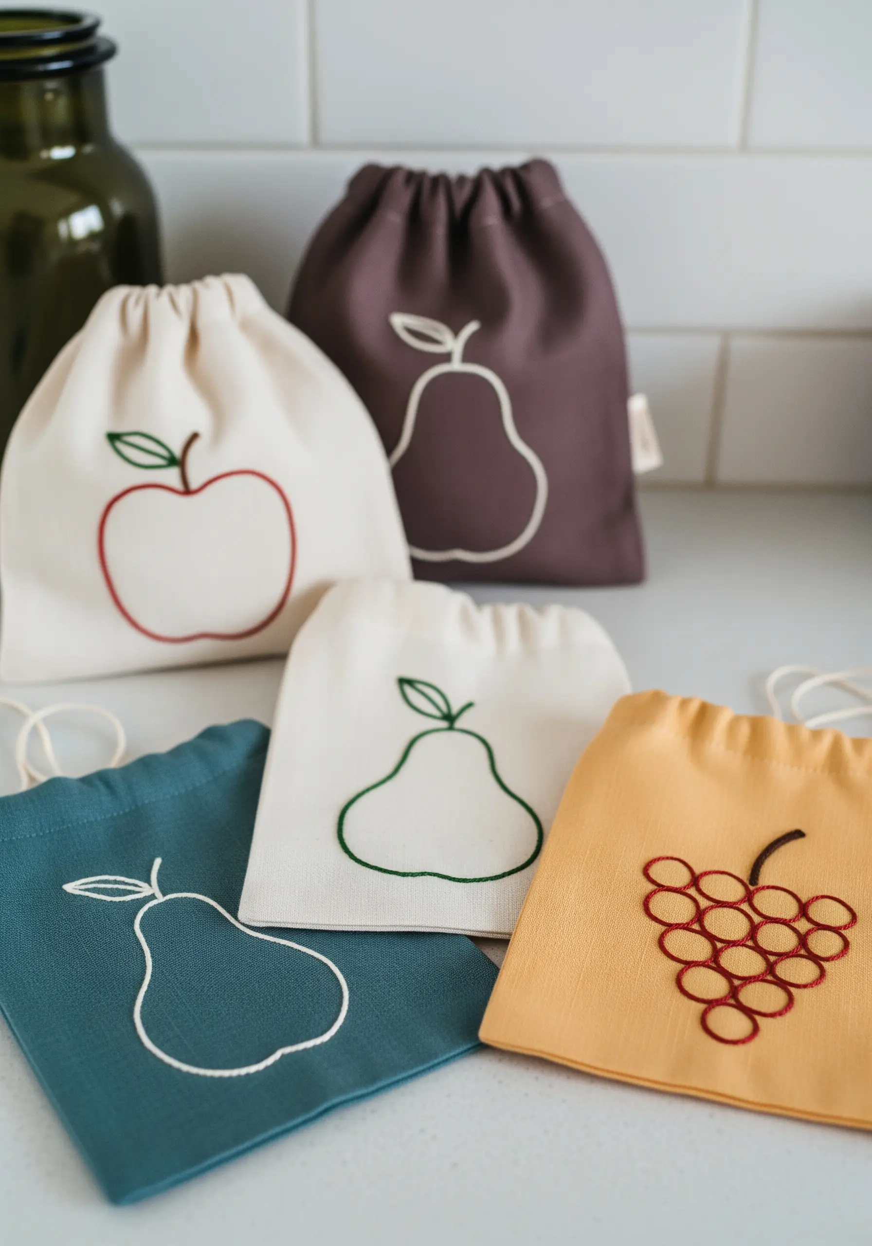 Colorful drawstring bags with outline embroidery of an apple, pear, and grapes.
