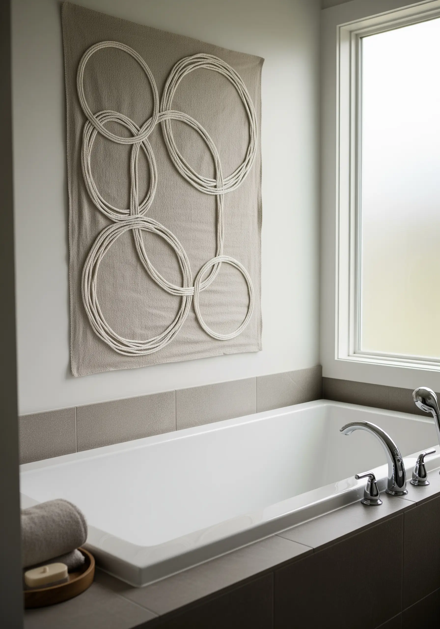 Wall art on greige linen featuring large, interlocking circles made of wrapped white cord.