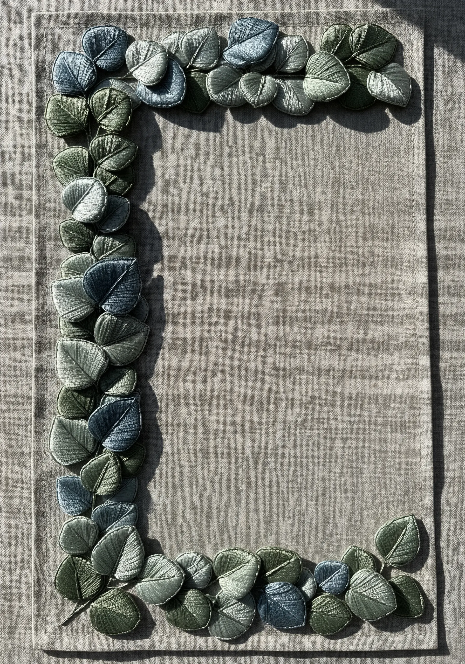 A border of overlapping, padded satin stitch eucalyptus leaves in dusty green and blue.